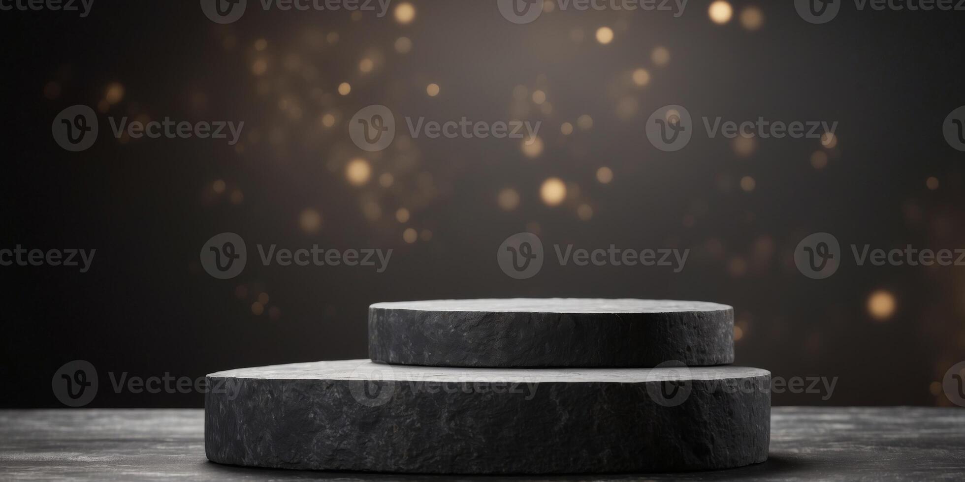 Natural stone and concrete podium in Natural black background for Empty show for packaging product presentation. photo