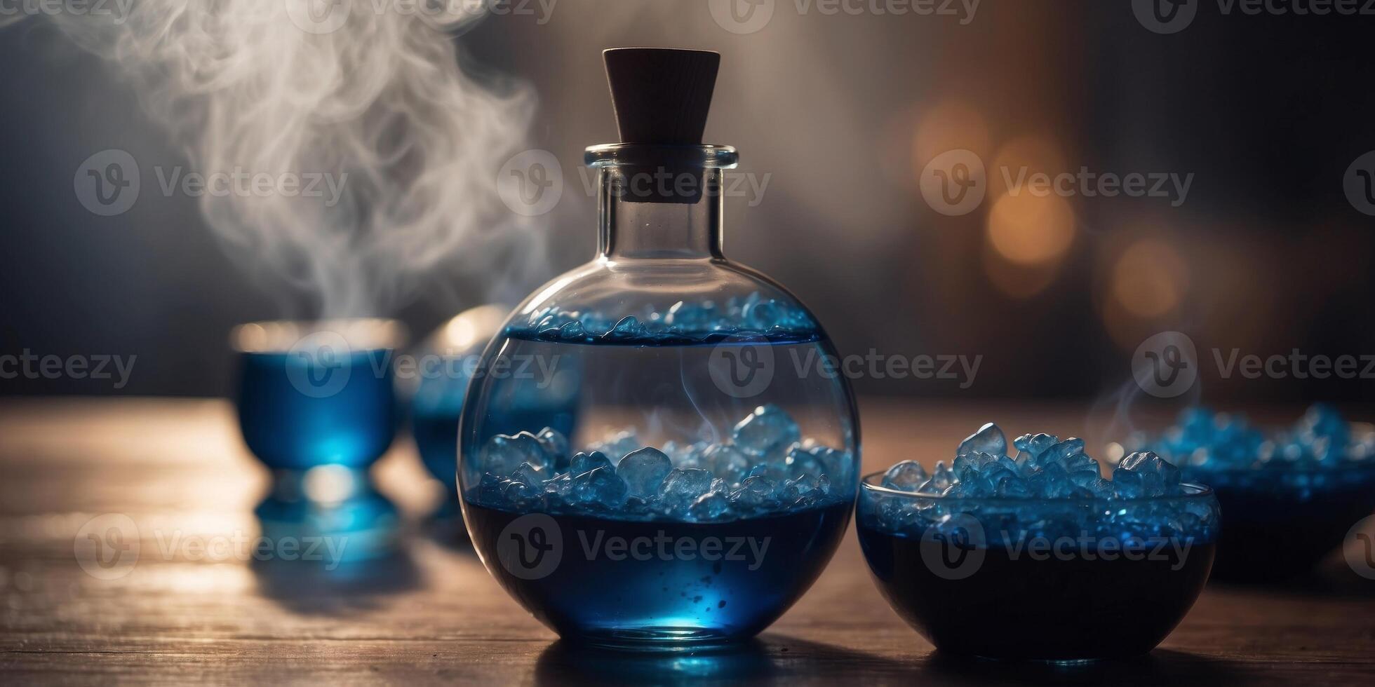A Glass Flask Filled with Blue Liquid and Surrounded by Smoke. photo