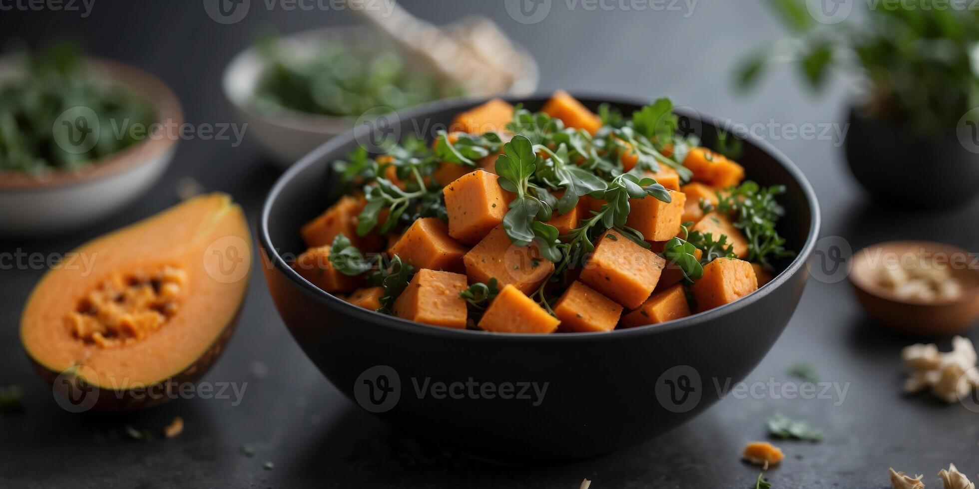 Close up view on a Sweet Potato Hash with greens in a black bowl on a black table. photo