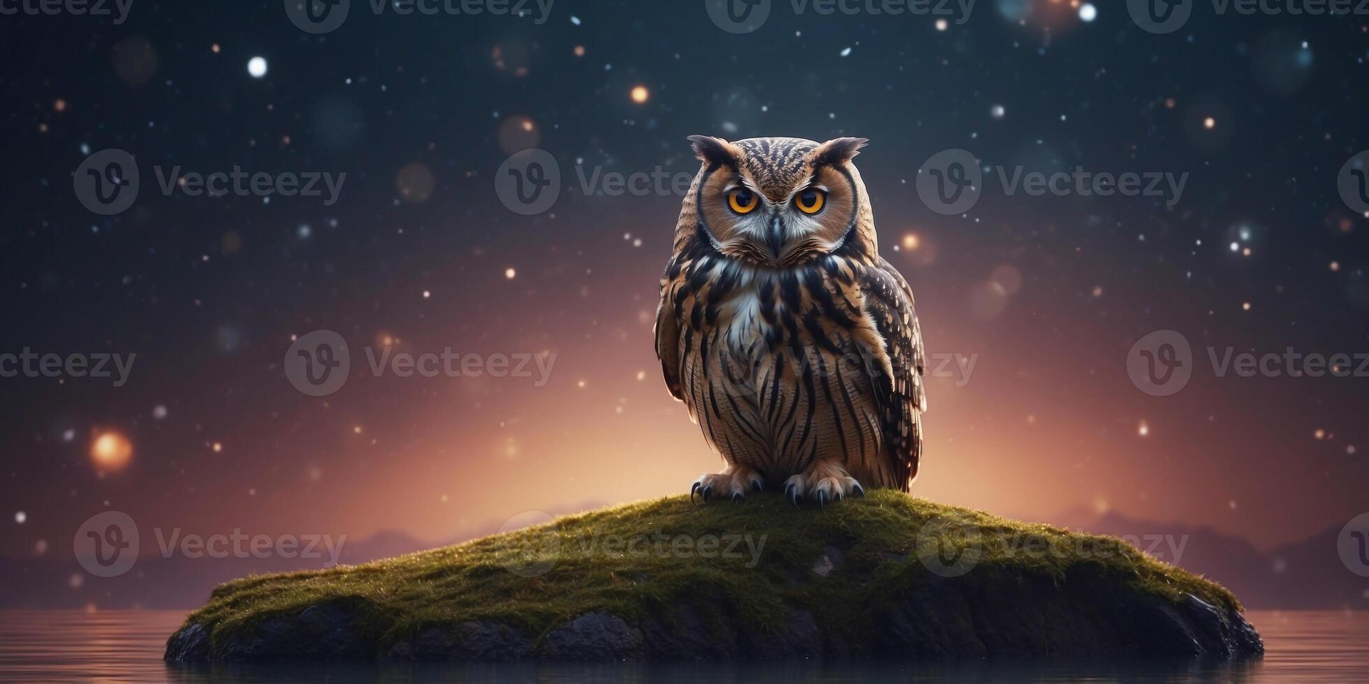 A giant owl with glowing eyes perched on a floating island in space. photo