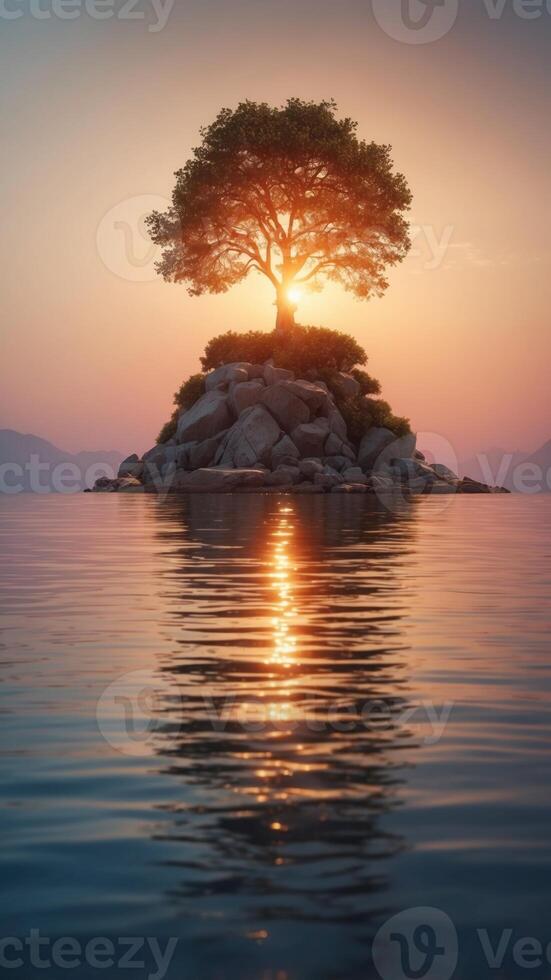 A floating island with a glowing pedestal hovering above the ocean at sunset. photo