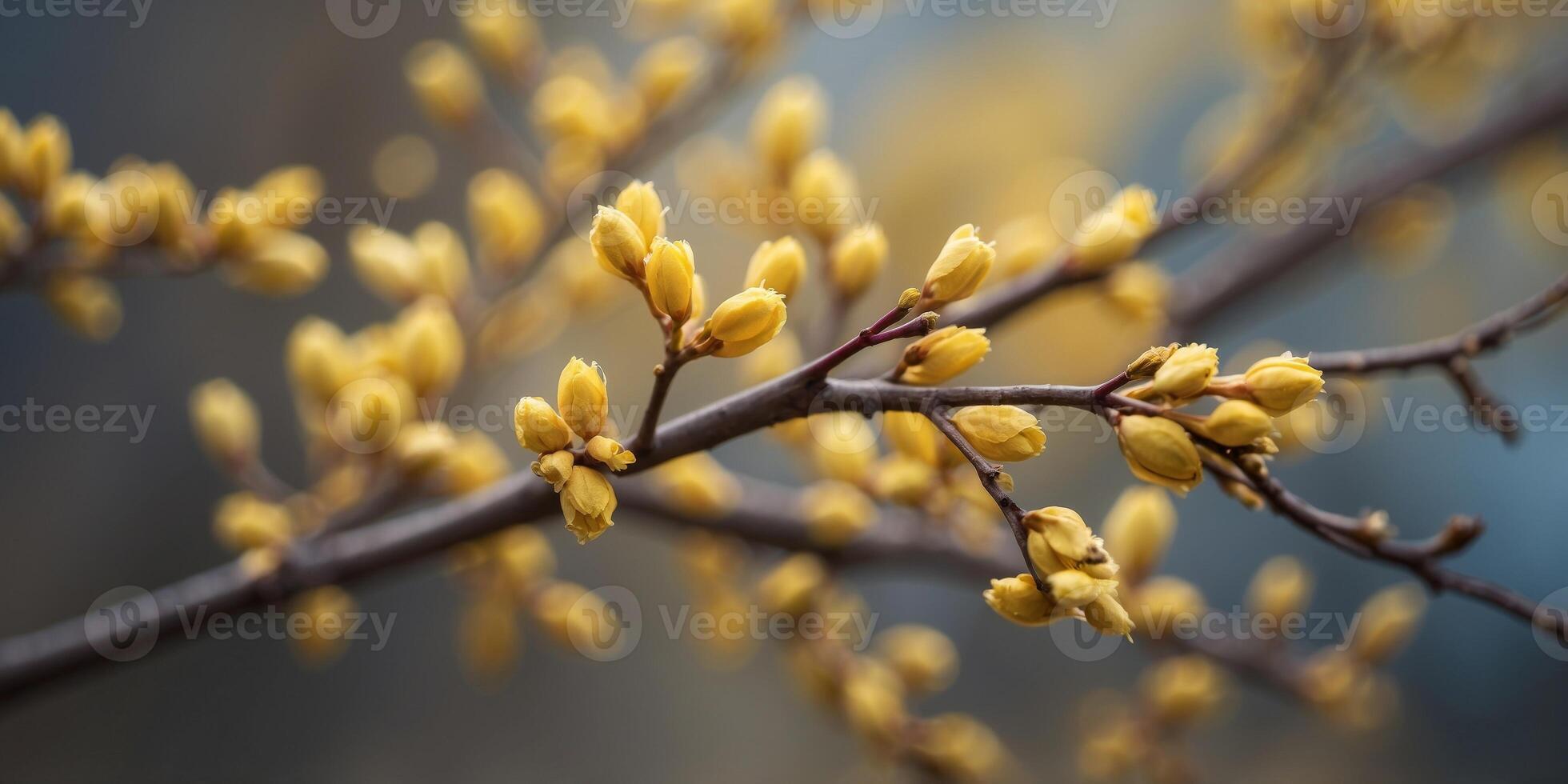 Close up view of springtime yellow willow buds on a branch. photo