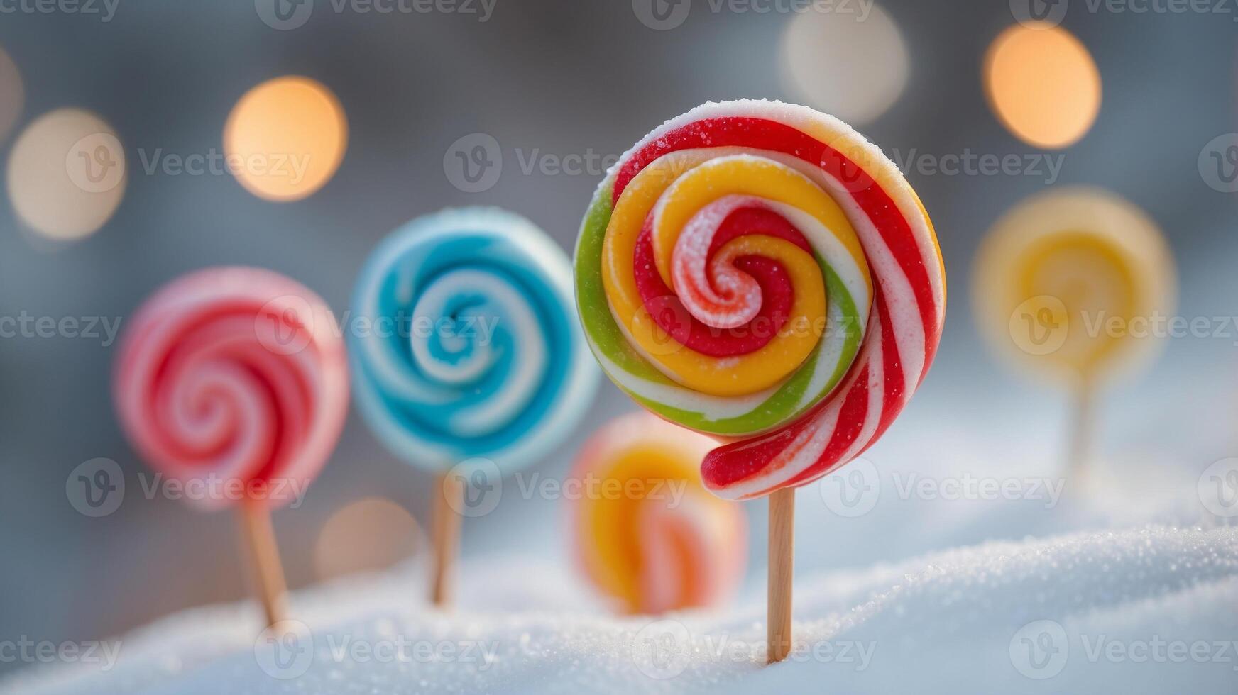 Colorful swirled candy on a stick in a snowy scene. photo