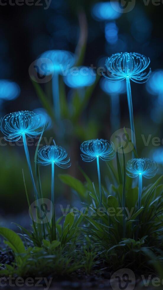 A futuristic garden with bioluminescent plants glowing in shades of neon blue and green. photo