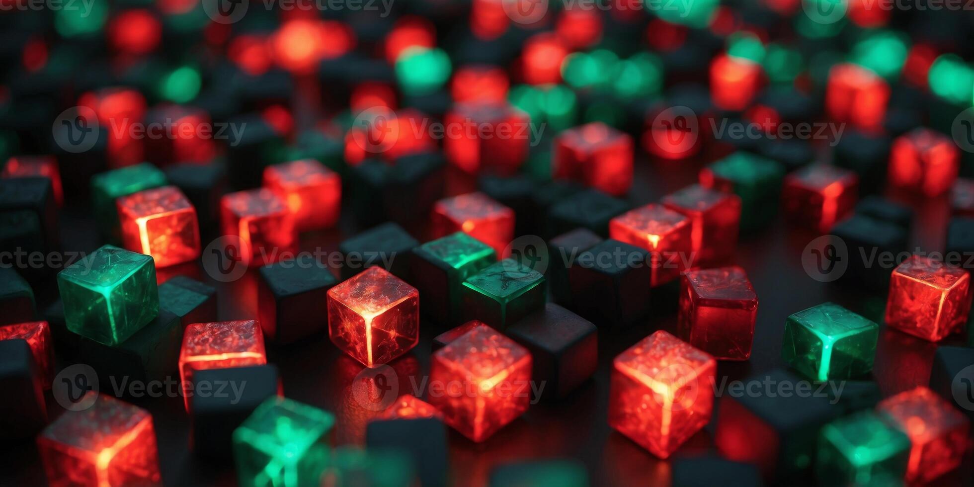 A sharp geometric pattern of neon cubes glowing in bright red and green. photo