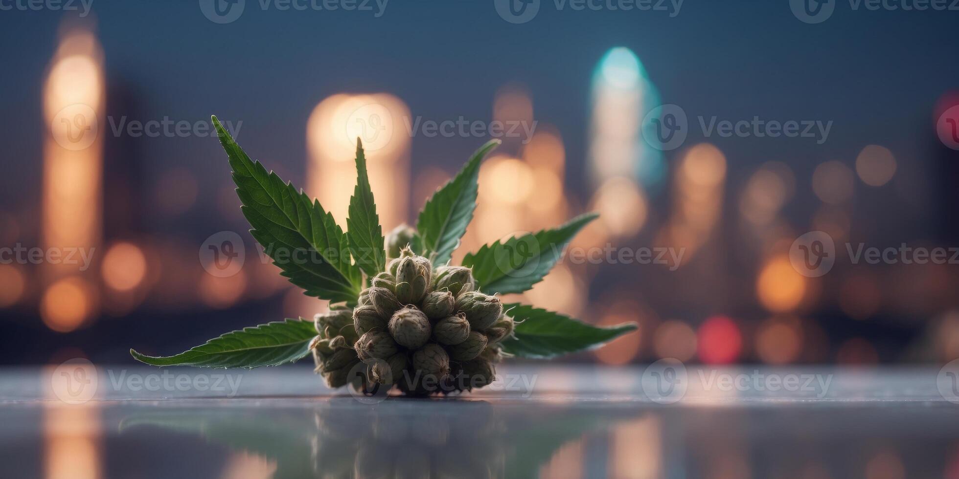 A single cannabis bud rests on a smooth surface with a futuristic cityscape blurred in the background. photo