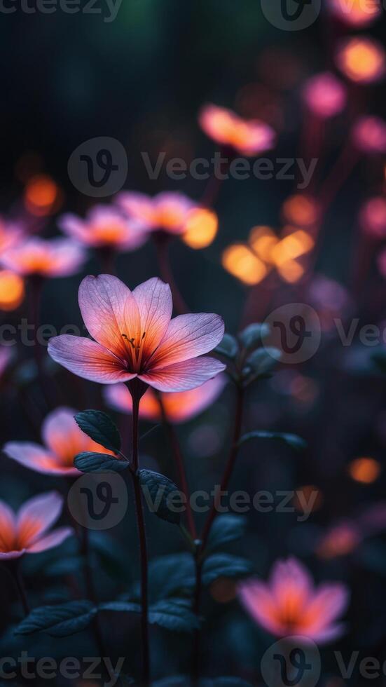 Neon flowers blooming in an alien jungle, glowing brightly in the moonlight. photo