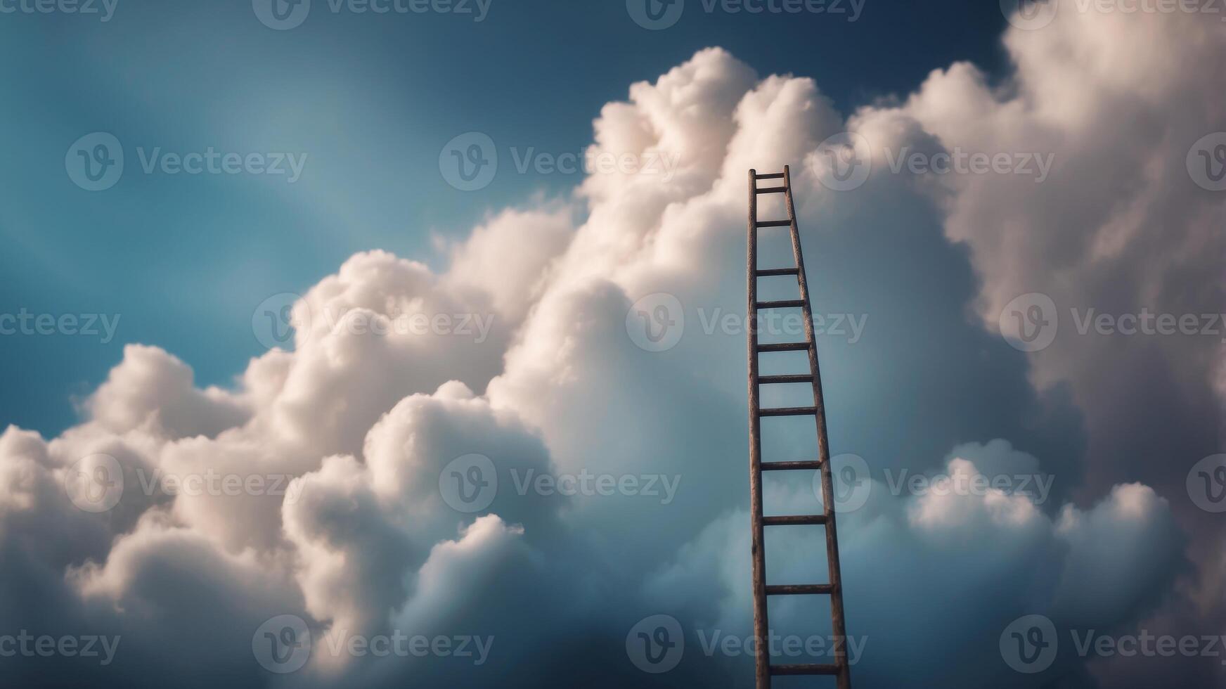 Ladder reaching into a fluffy cloud on a blue background. photo