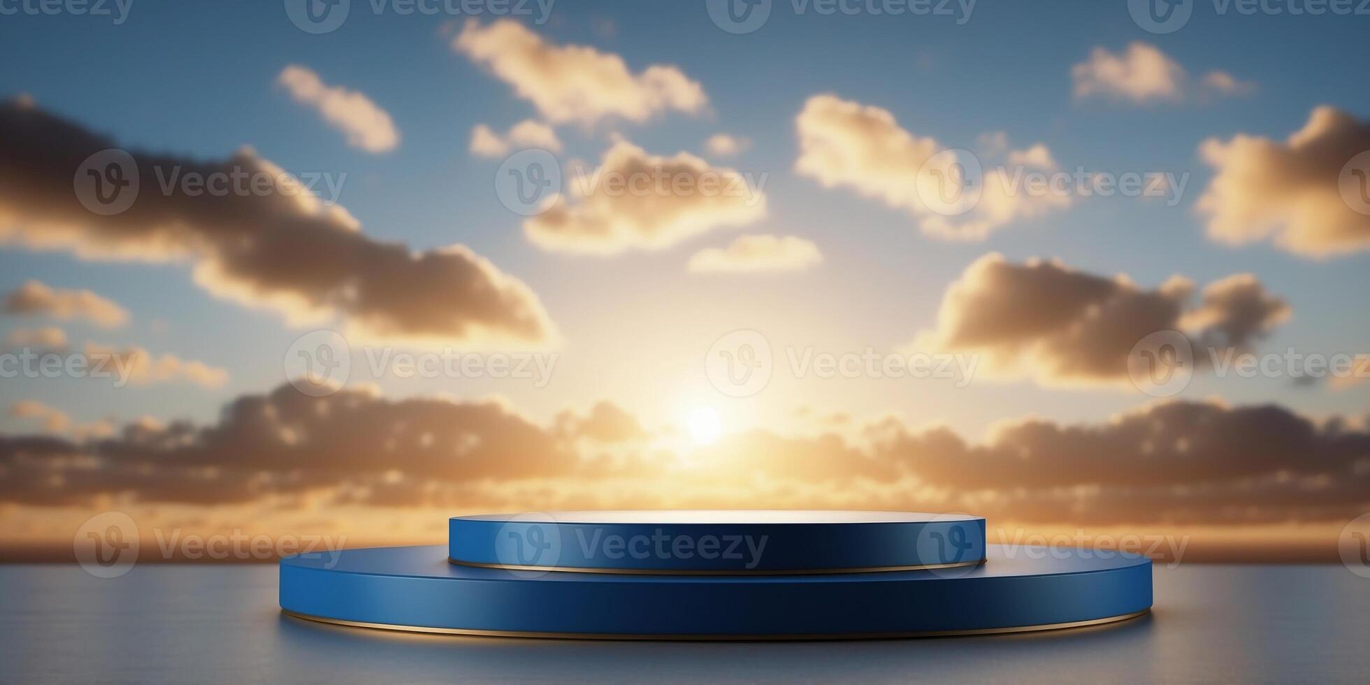 Mockup blue podium for product presentation with sky soft clouds and golden sunlight. photo