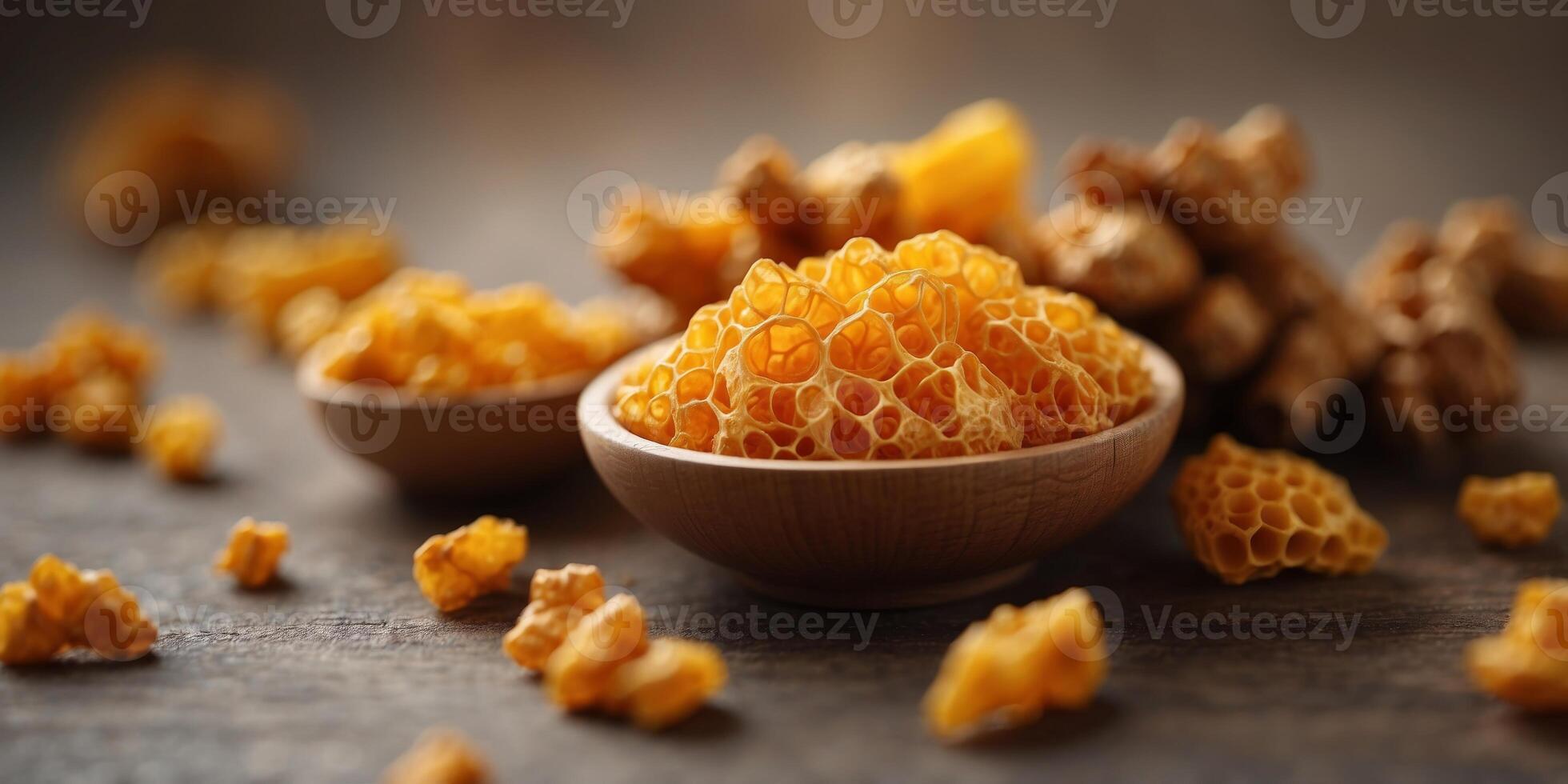 Turmeric root and honeycomb on a bright background. photo