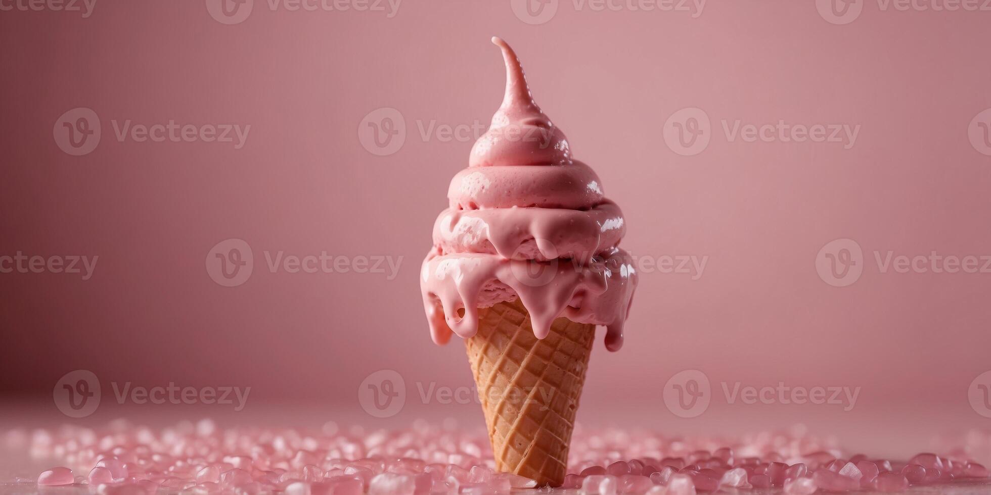 Melting pink ice cream cone on a pink background. photo