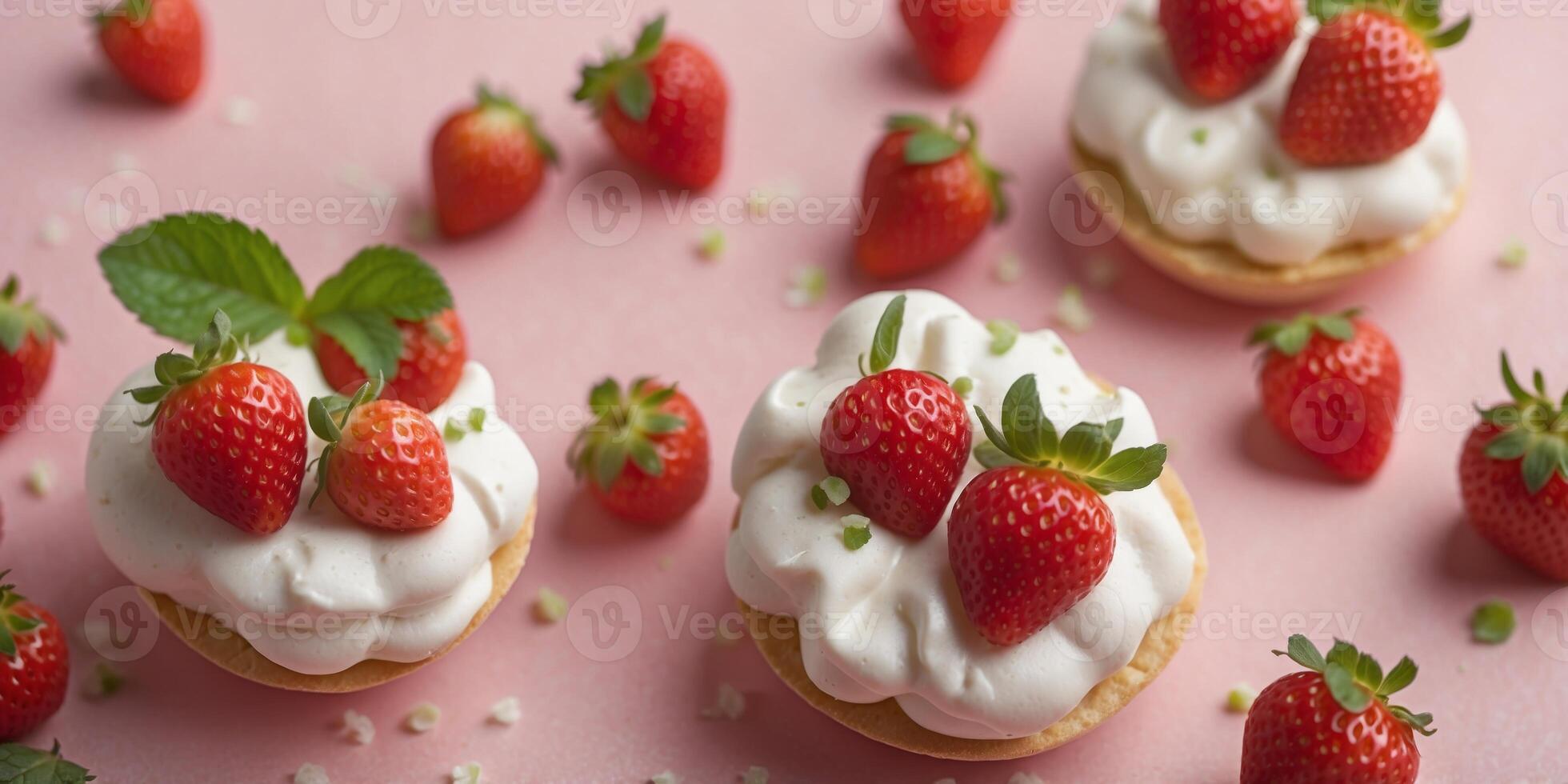 Top down view of a tiny Pavlova dessert decorated with sliced strawberries and mint leaves on a polka dotted pink background. photo
