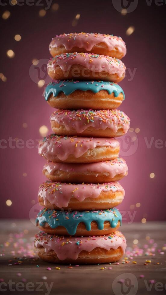 Stack of Delicious Donuts with Pink Glaze and Sprinkles. photo