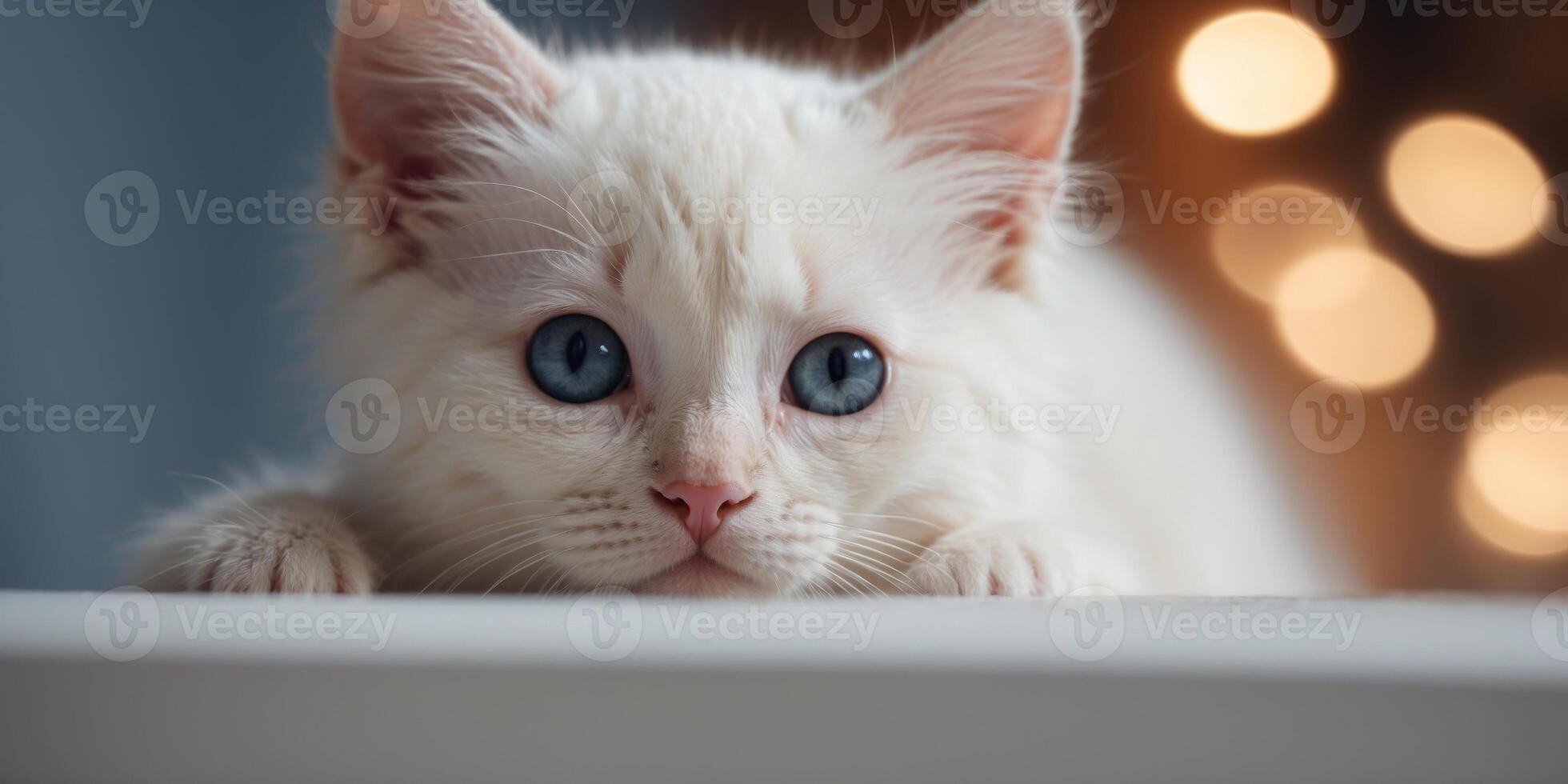 Cute White Kitten Peeking Over Edge with Curious Expression. photo