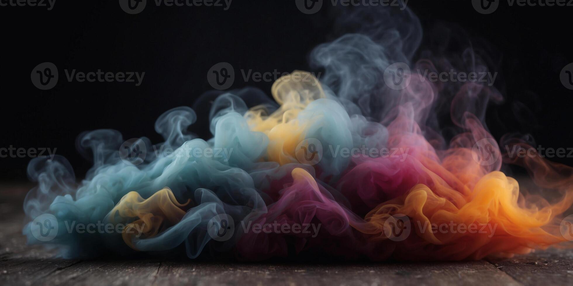 Dark smoke billows from the ground on a black background. photo