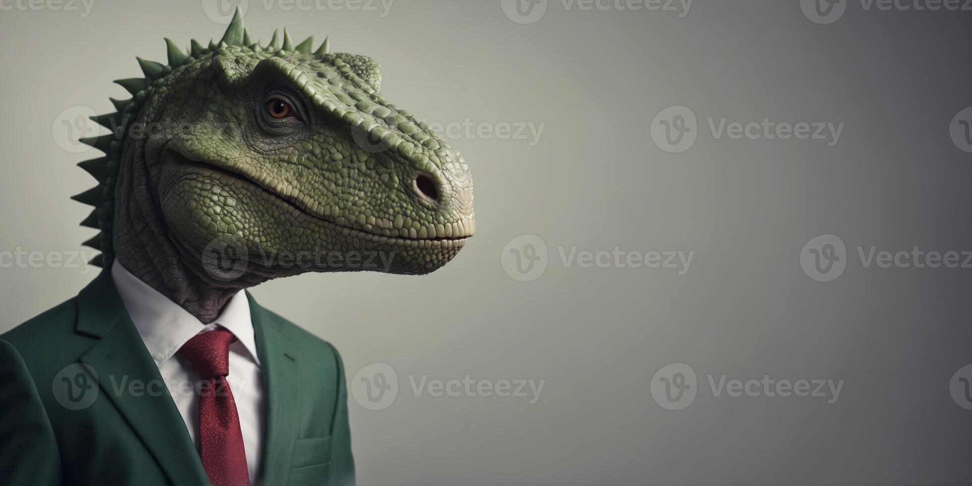 A Green Dinosaur Wearing A Suit And Tie In Front Of A Gray Background. photo