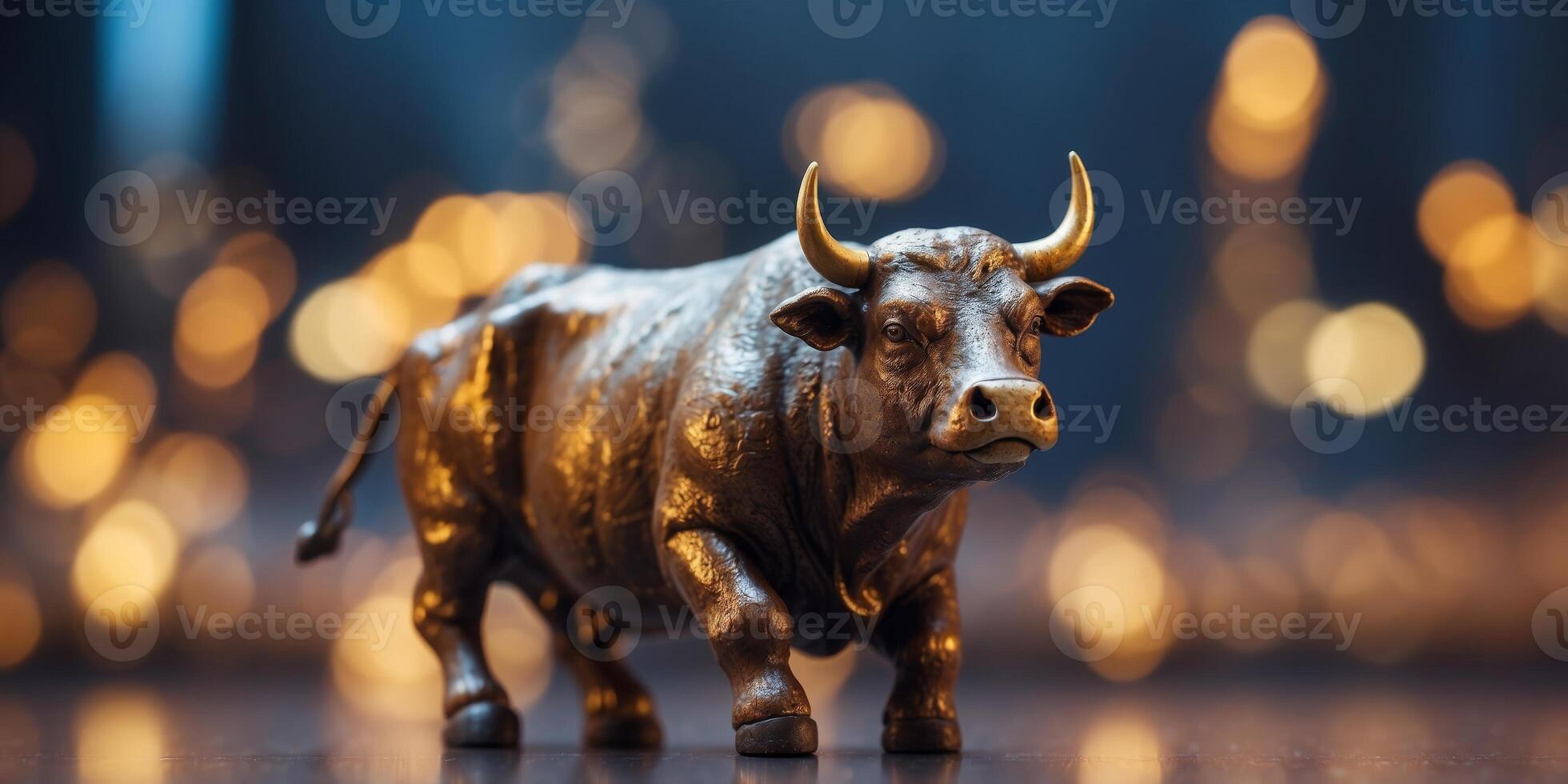 Symbolic market bull strides over glowing charts of financial growth. photo