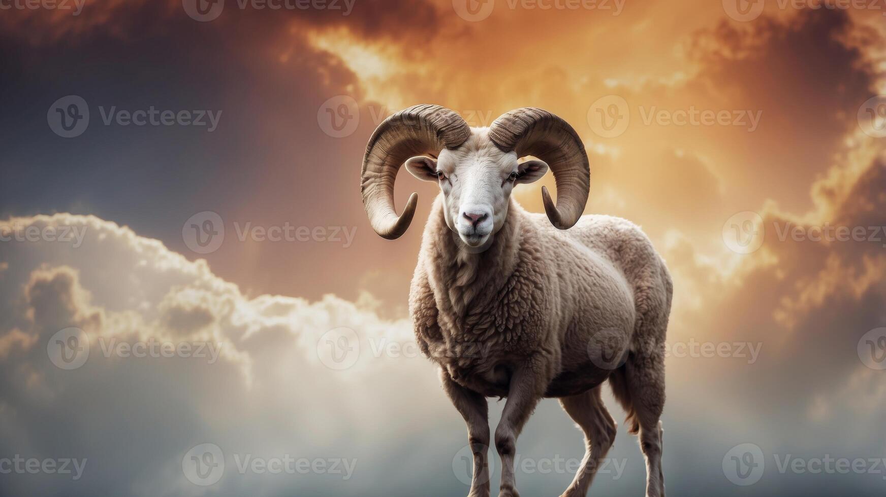 A majestic ram with impressive horns standing proudly in the clouds. photo