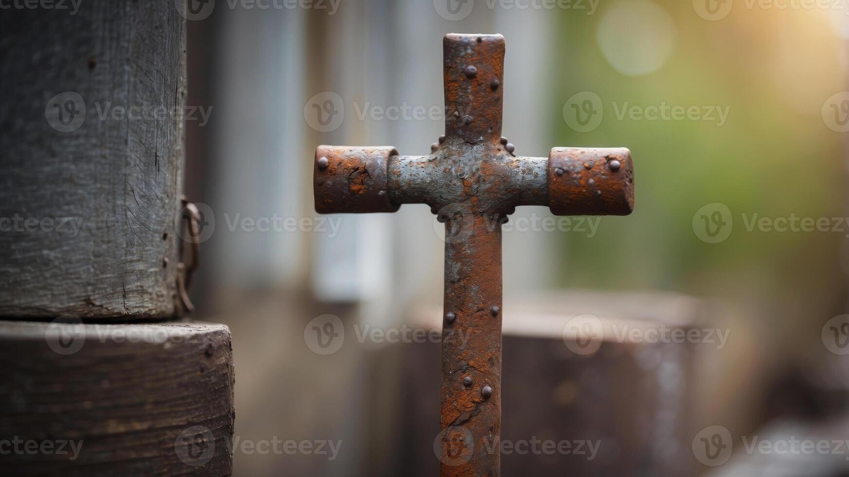 Weathered Metal Cross with Rustic Industrial Design Concept. photo