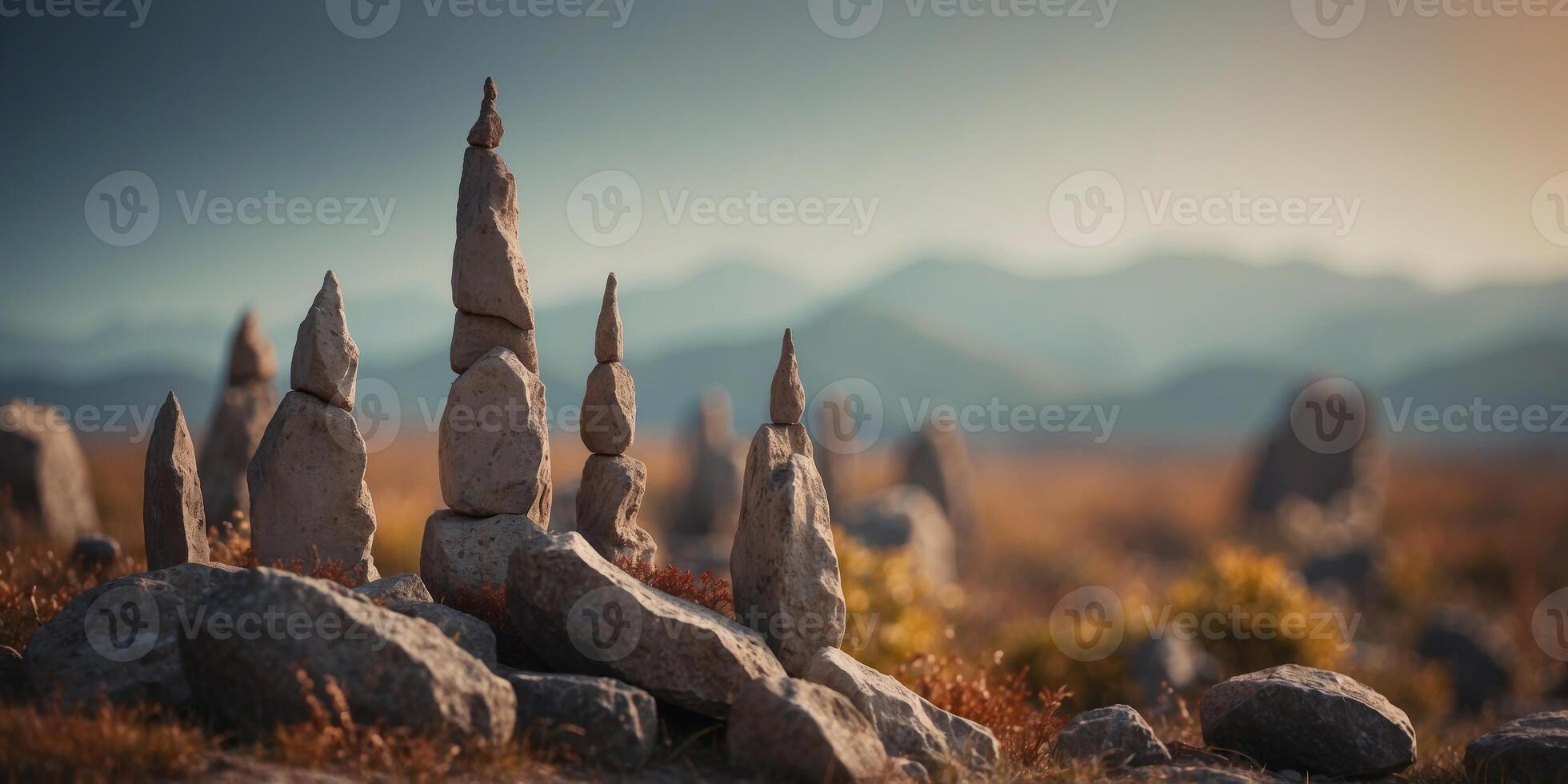A landscape dotted with enormous stone spires that hum with an eerie, low frequency. photo