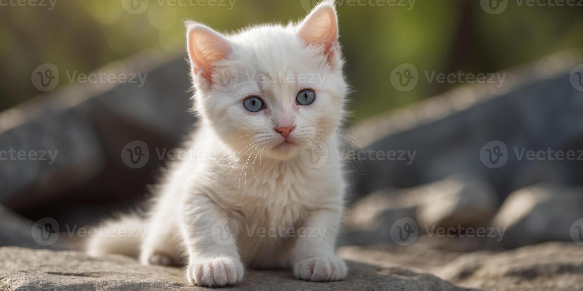 Cute white kitten in park in nature stands on stone. photo
