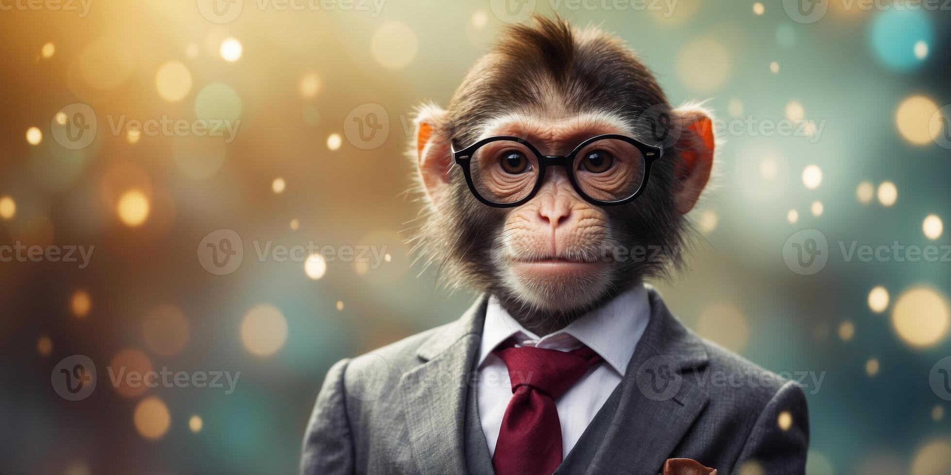 The right side of the picture shows a monkey wearing glasses and a suit. photo
