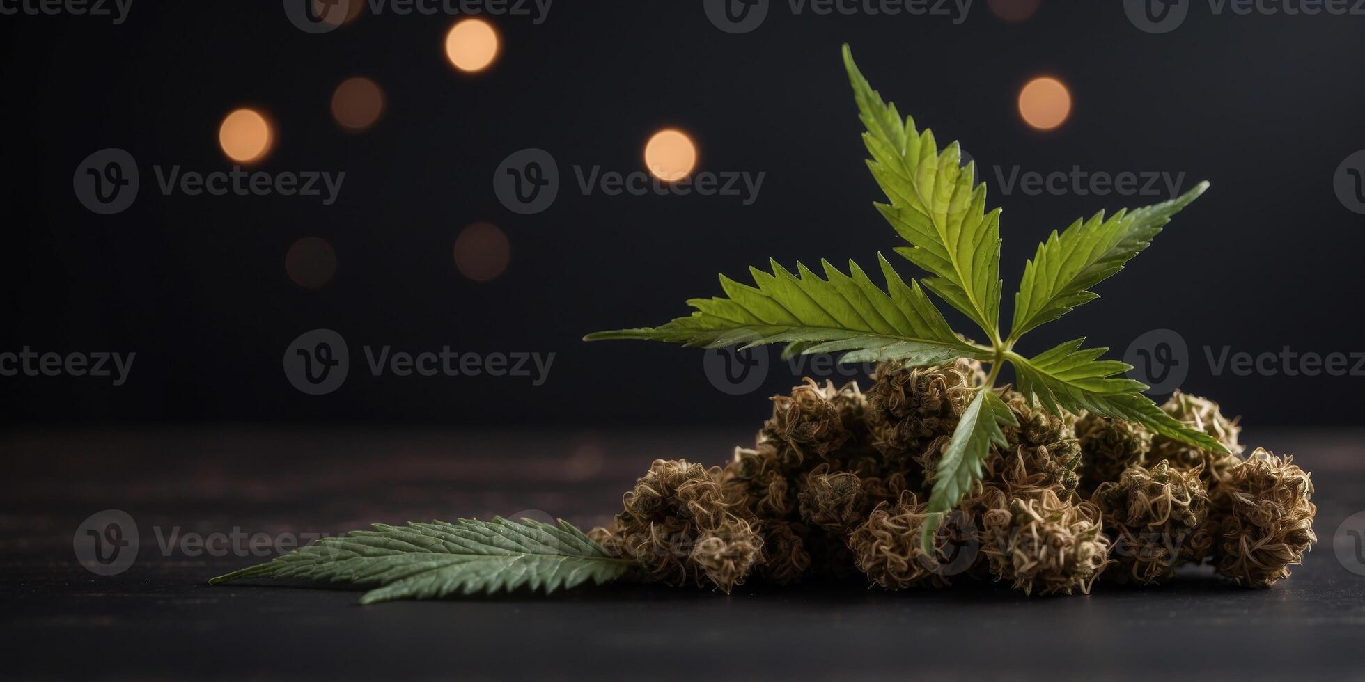 Marijuana cannabis leaves on the top of rustic black background with copy space. photo