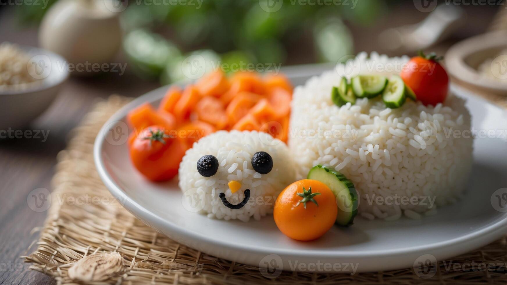Cute rice dish with face and vegetable garnish. photo