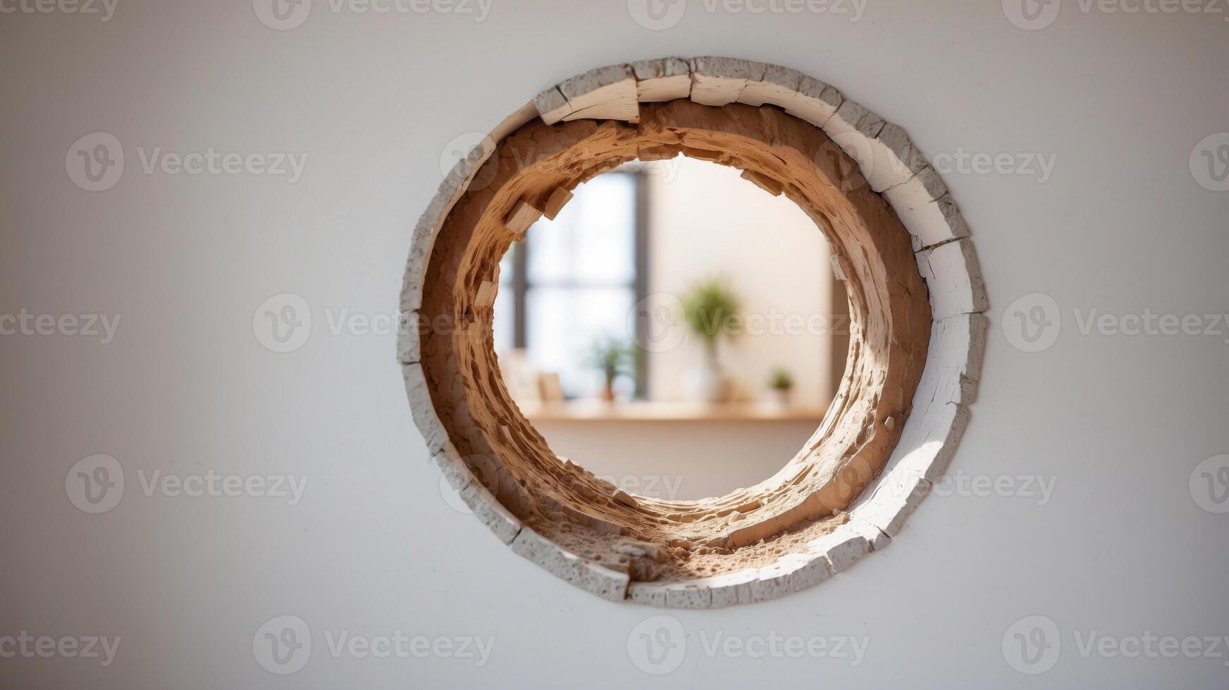 Large circular hole in white wall with cracked edges. photo