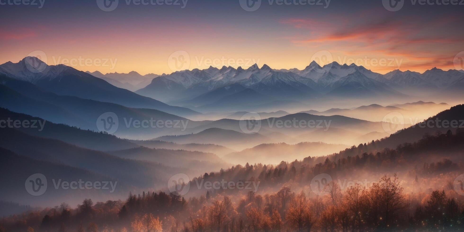 A landscape with mountains made of crystal and valleys filled with glowing mist. photo