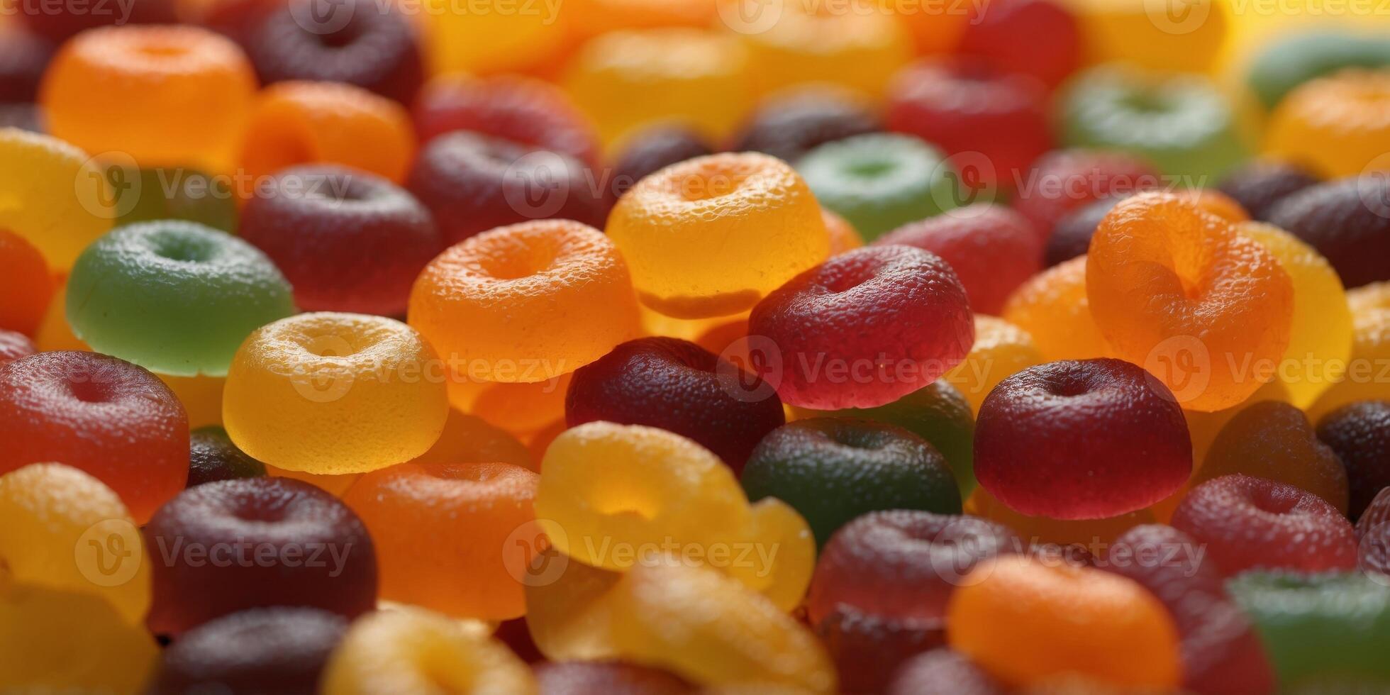 Jelly sweet candies multicolored marmalade of sweets rings marmalade on yellow and orange background. photo