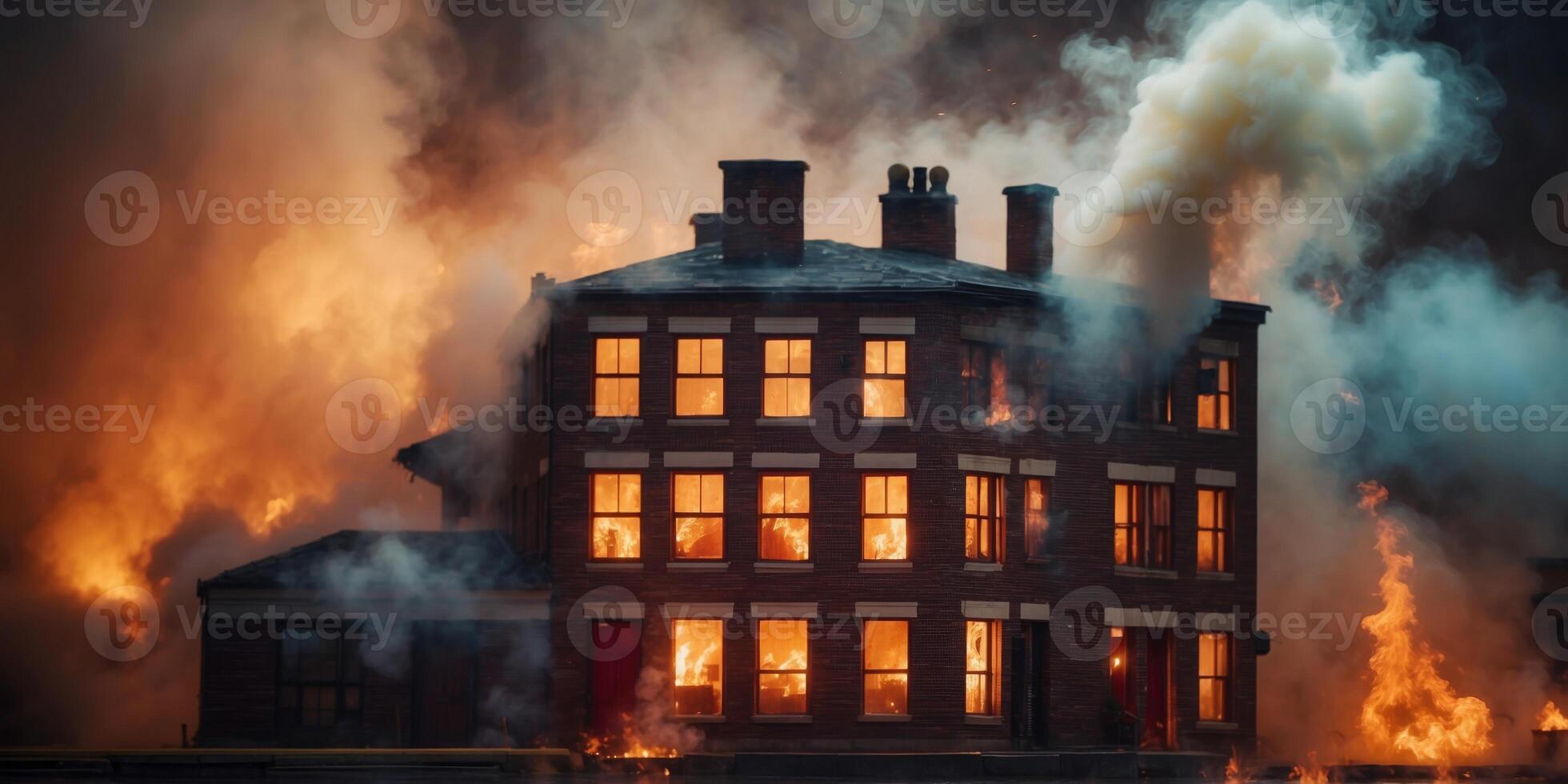 Brick building engulfed in flames with smoke billowing from windows. photo