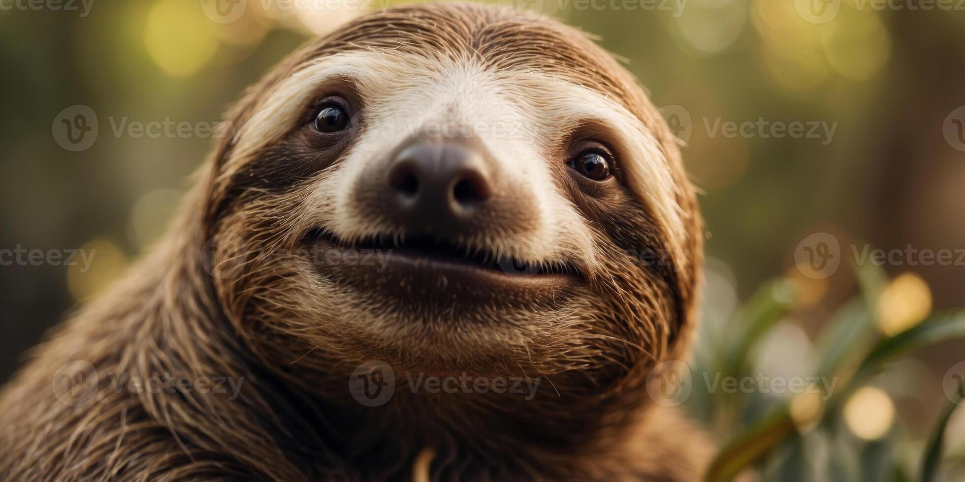 Smiling sloth in natural habitat with warm tones. photo
