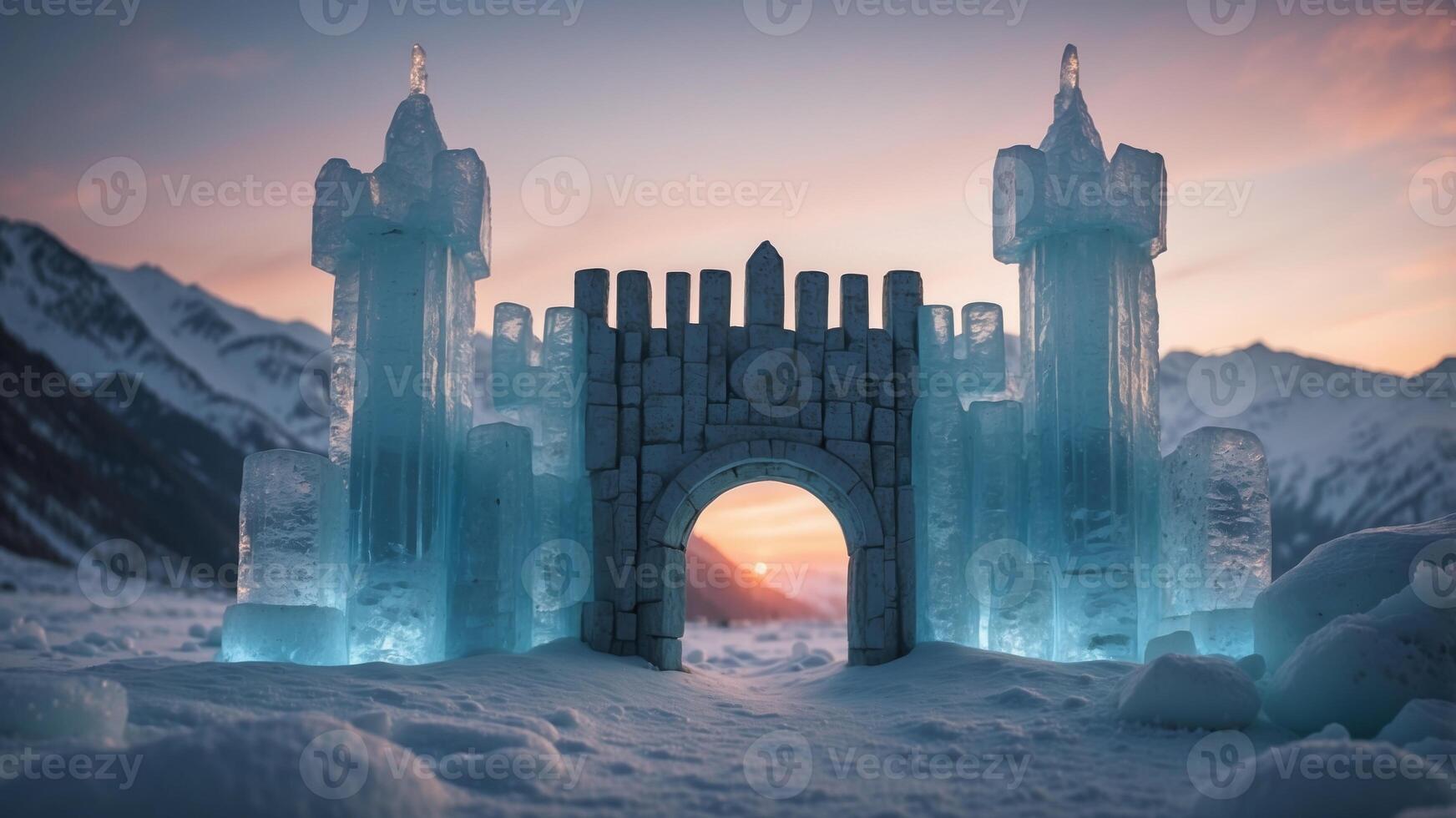 A majestic ice castle with dual gates at its center. photo