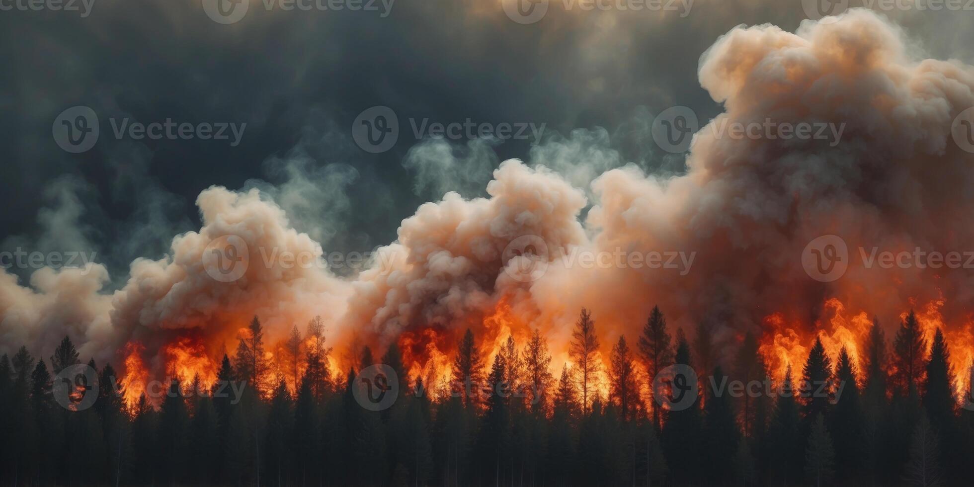 Massive clouds of smoke rising from a forest fire. photo