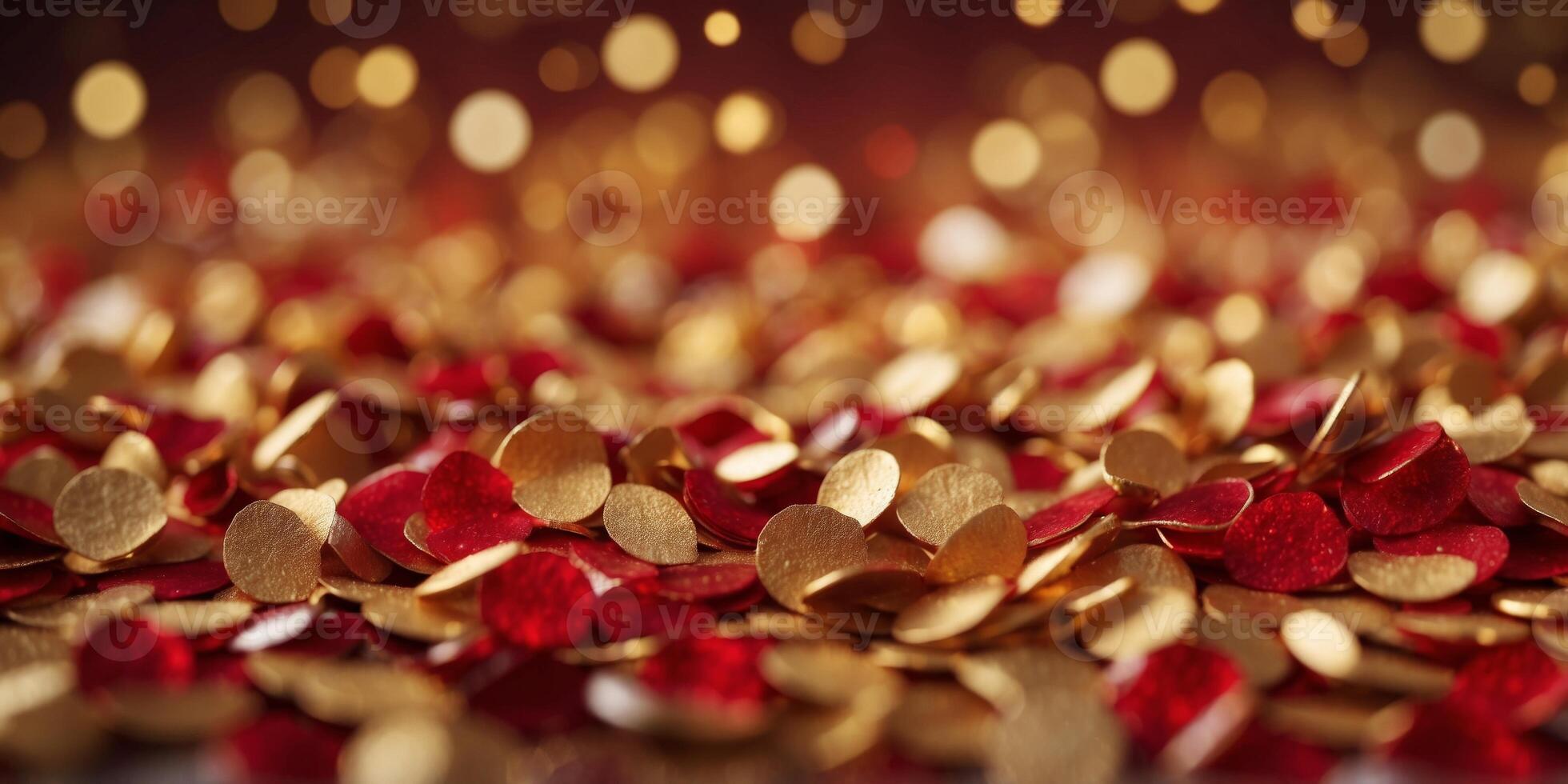 Design a vivid red background filled with floating golden confetti in diverse shapes. photo