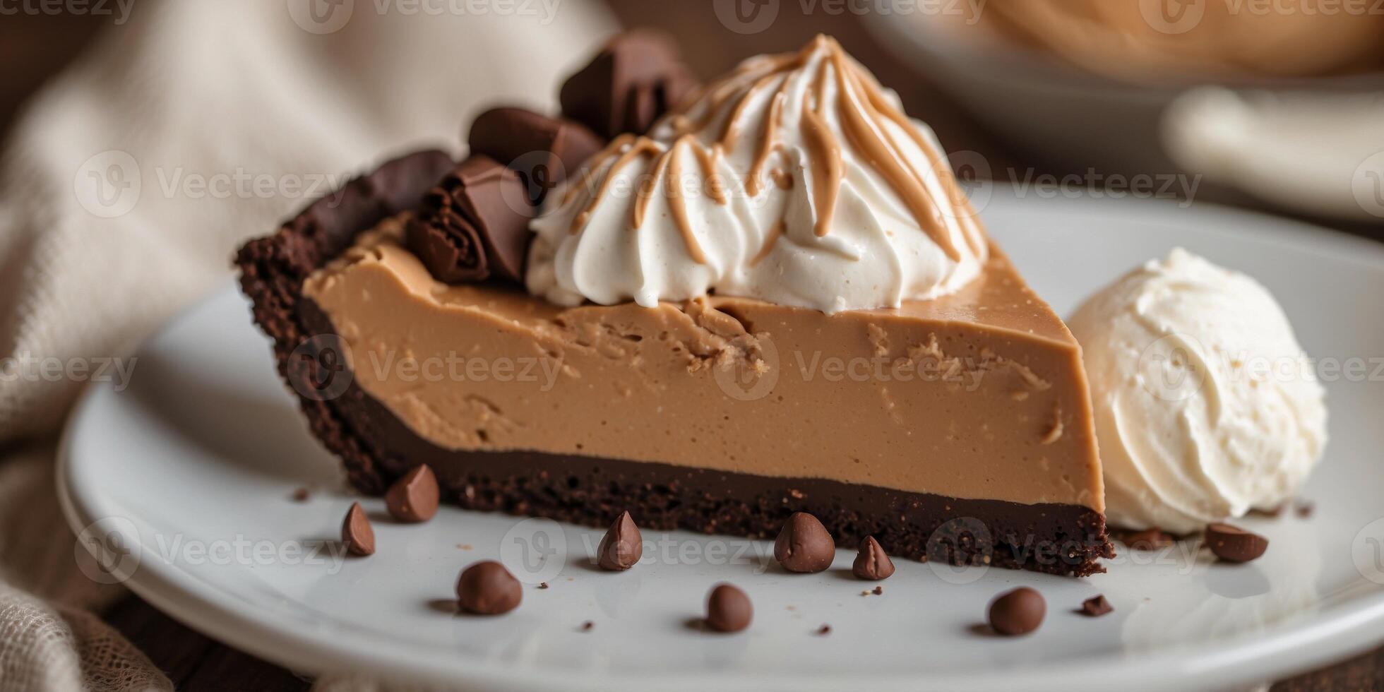 Decadent peanut butter pie with a creamy peanut butter filling and a chocolate cookie crust topped with whipped cream. photo