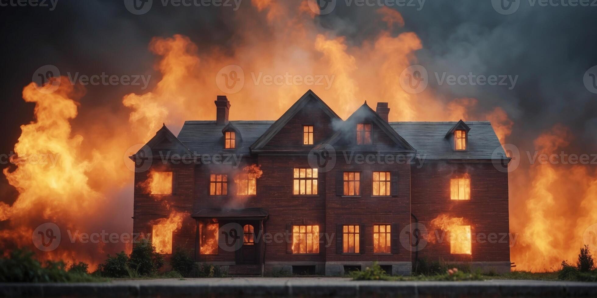 Brick building engulfed in flames with smoke billowing from windows. photo