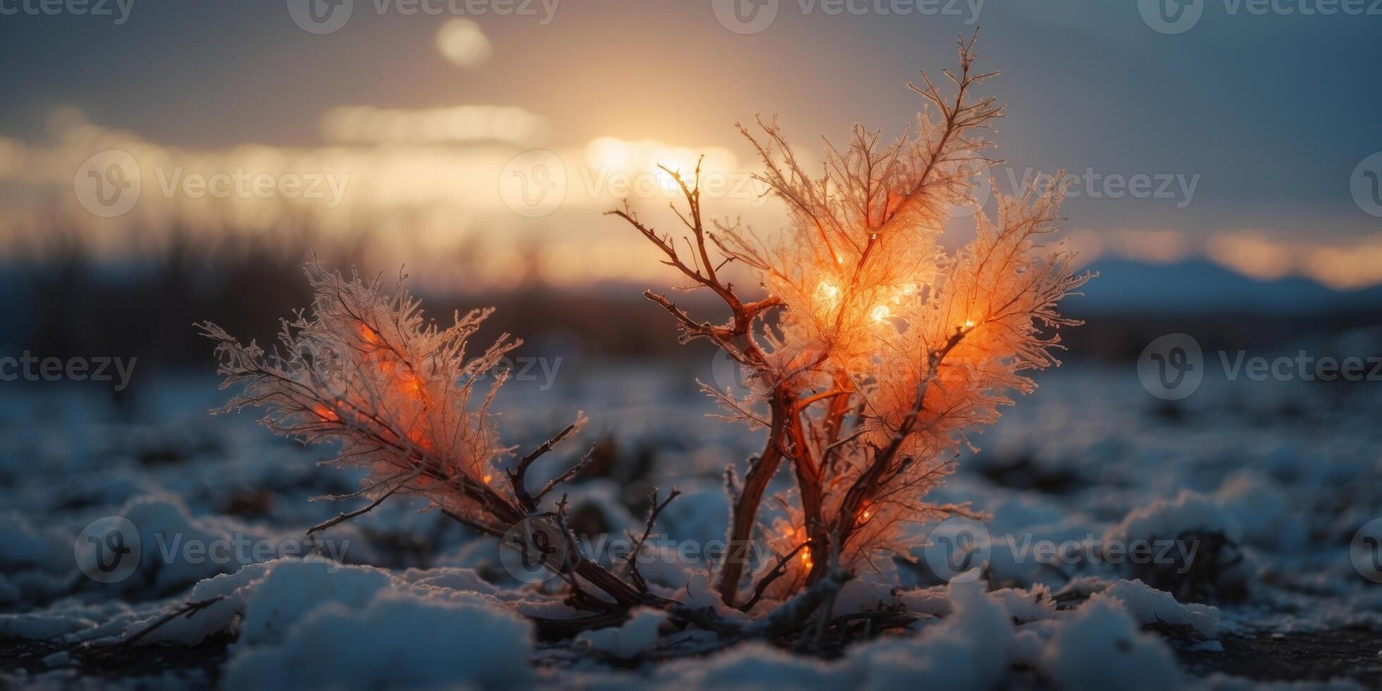 Dramatic clash of fire and ice storm in barren landscape. photo
