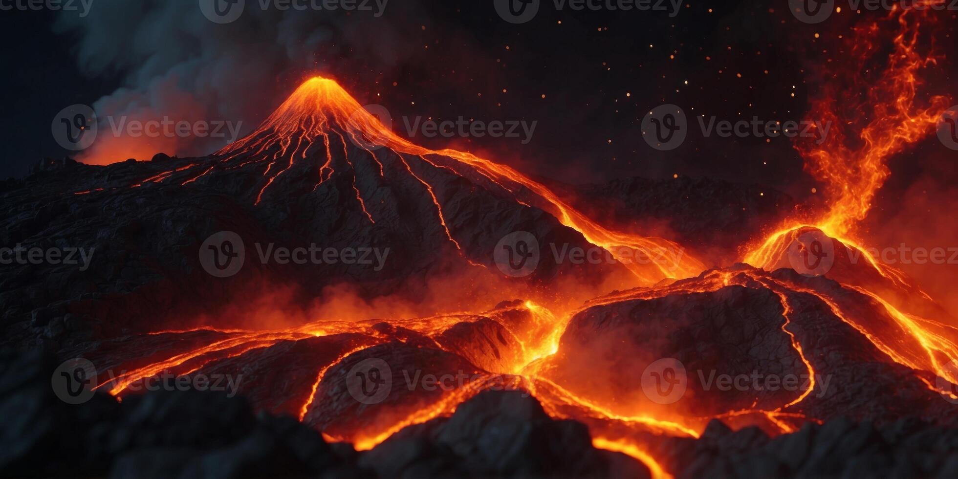 Lava flowing from an active volcano at night. photo