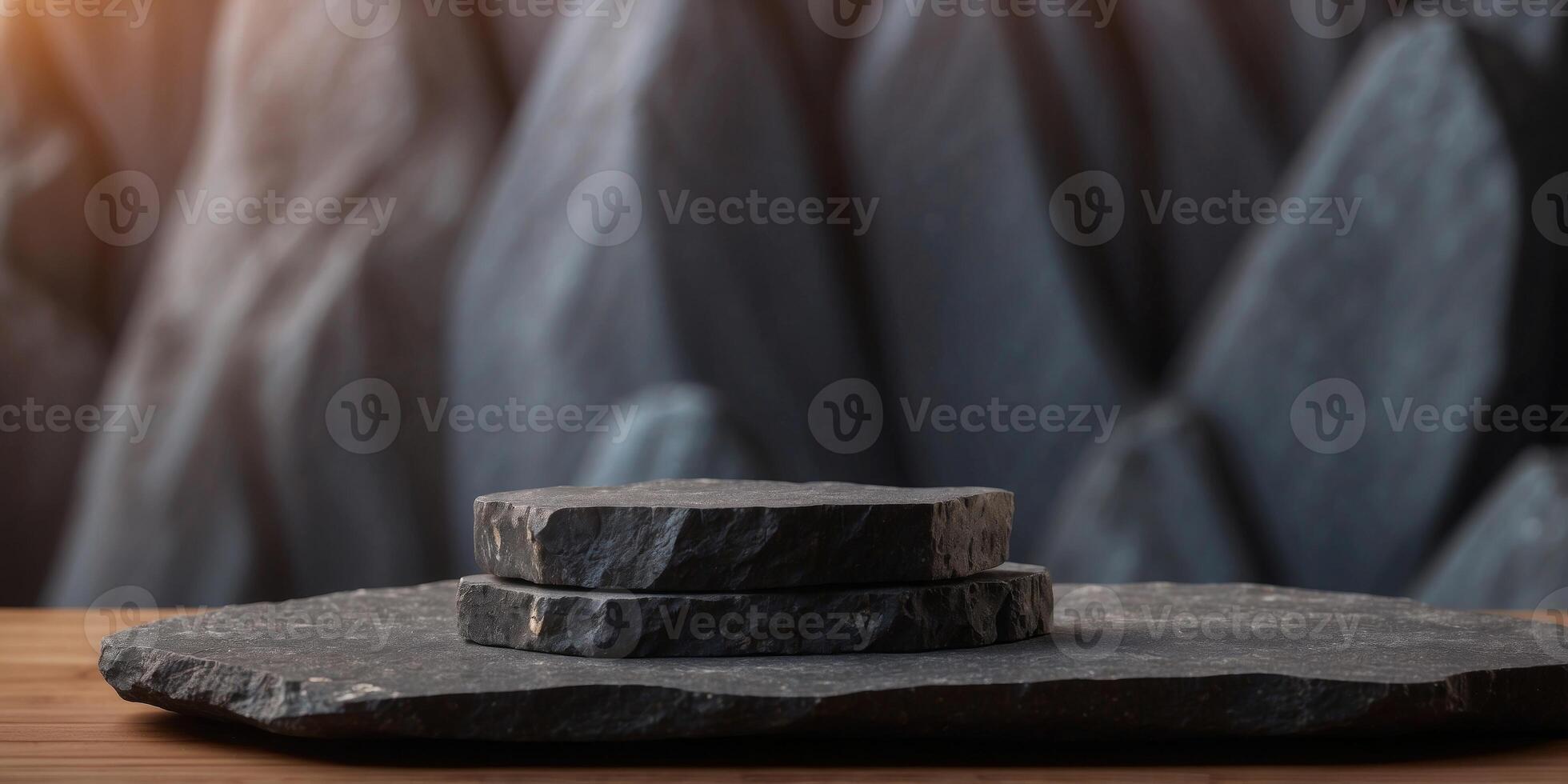 Iridescent black rock podium with iridescent background stone for product presentation. photo