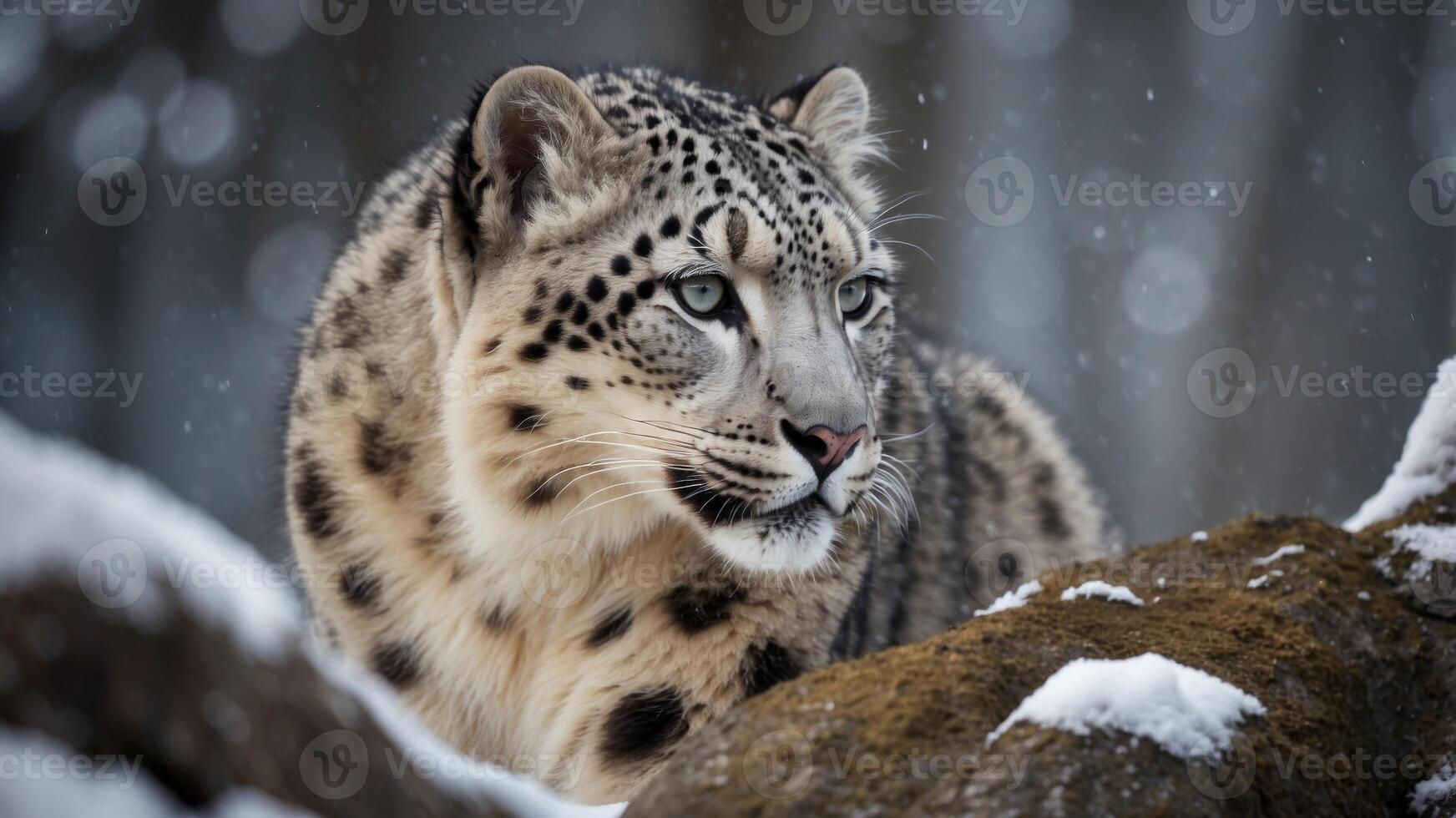 Intense Gaze of a Majestic Snow Leopard Showcasing Its Exquisite Fur and Powerful Presence in the Wild. photo