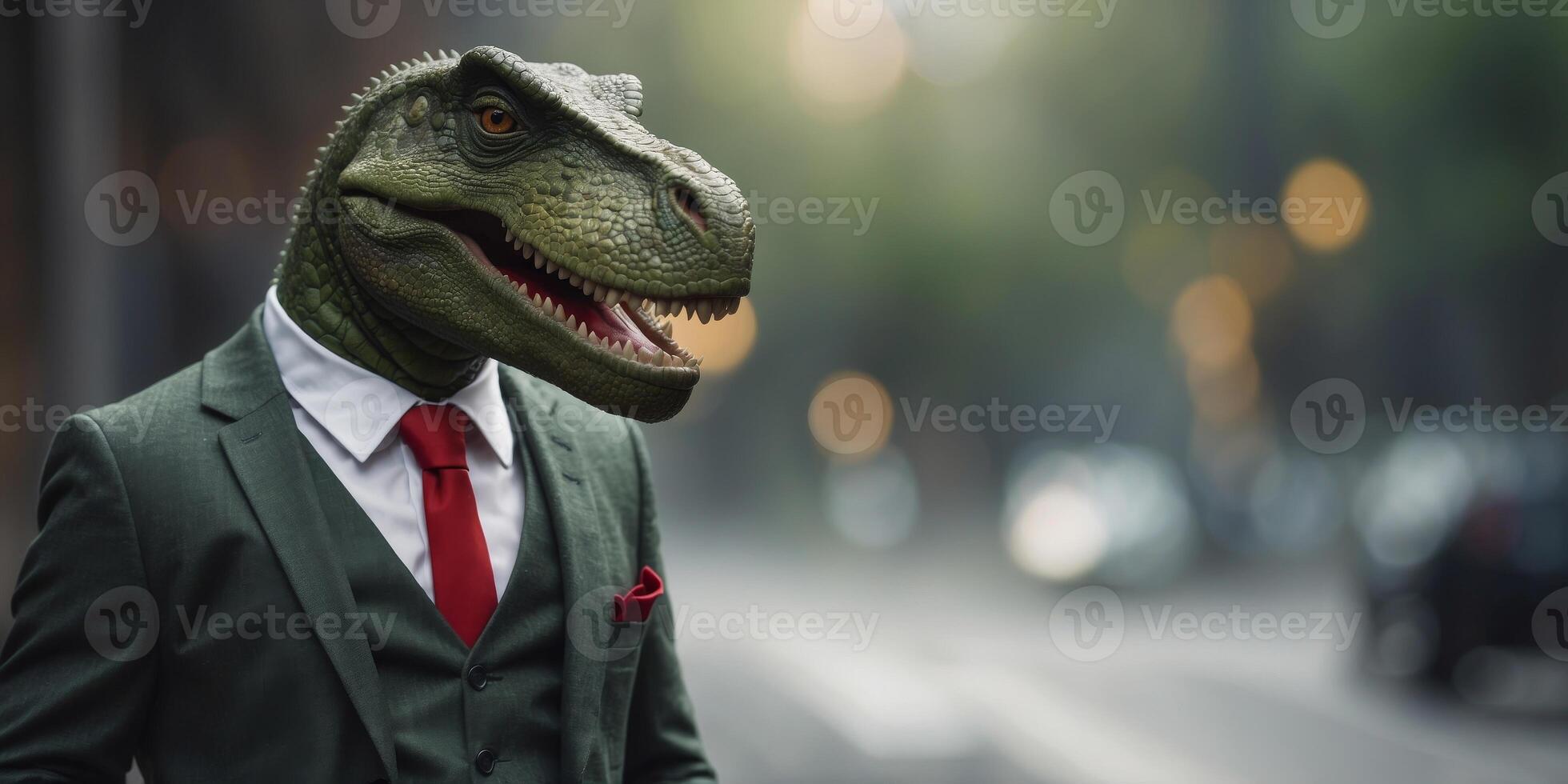 A Green Dinosaur Wearing A Suit And Tie In Front Of A Gray Background. photo