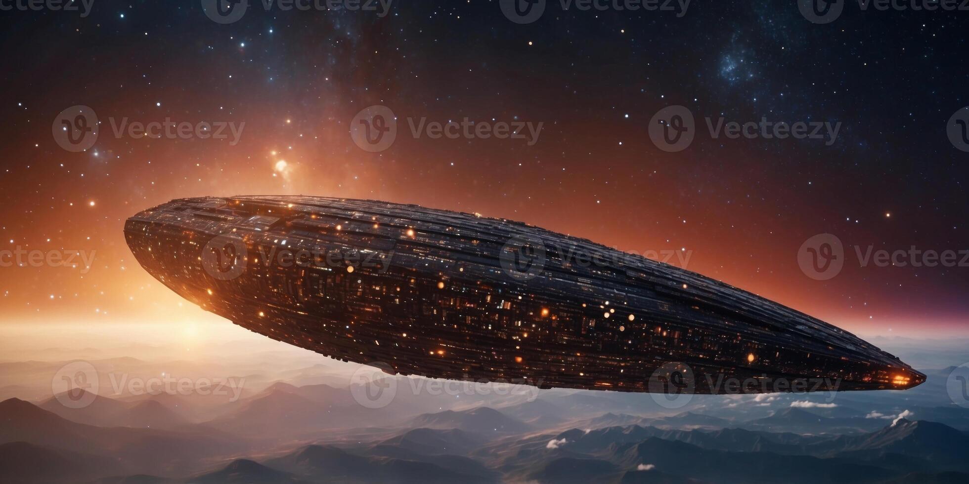 A massive alien ship drifting through space, covered in glowing symbols. photo