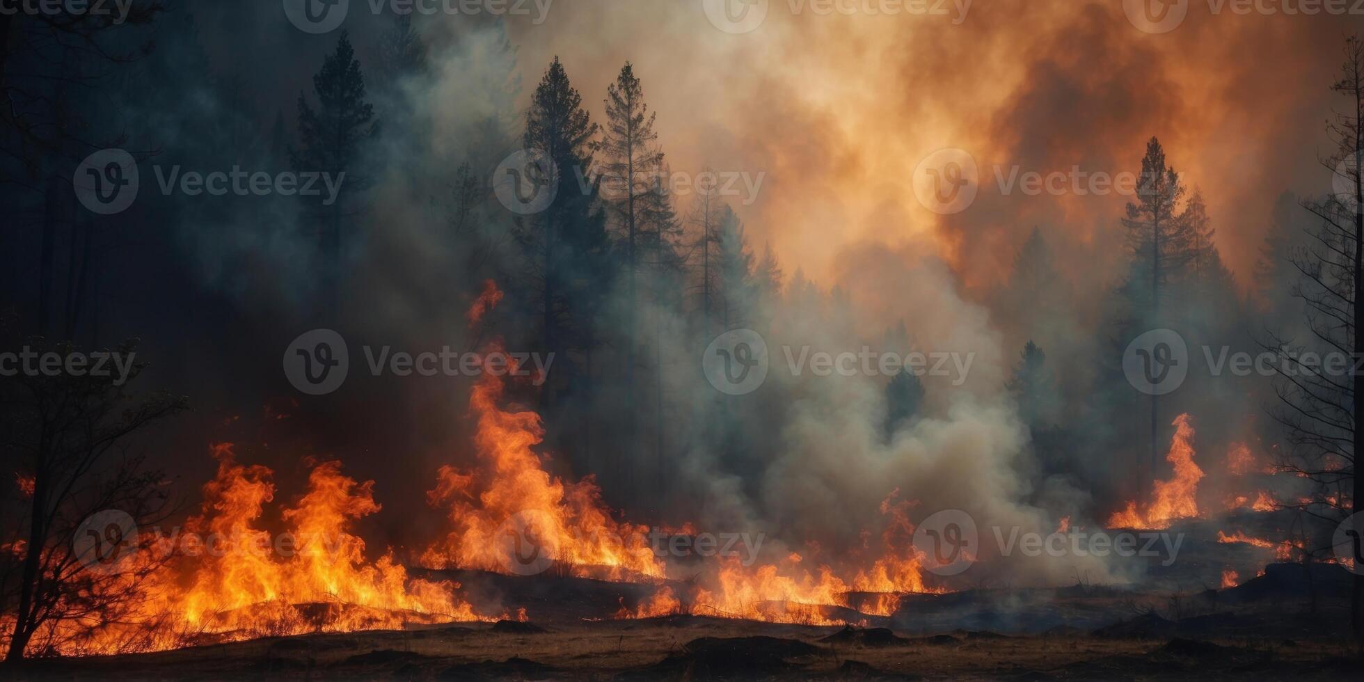 Large wildfire engulfing a dense forest with intense flames and thick smoke. photo