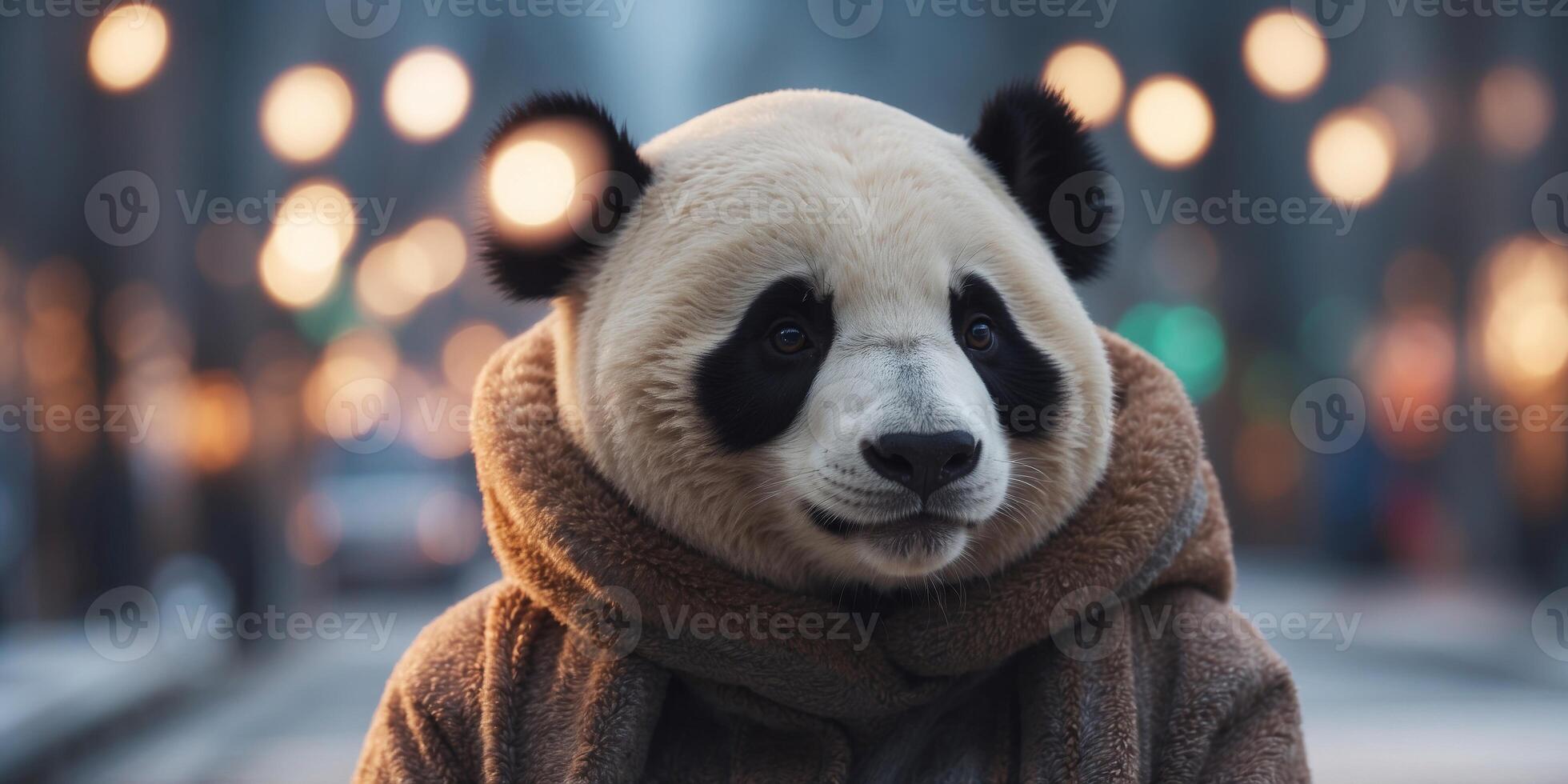 Cute anime style panda walks in the winter city. photo