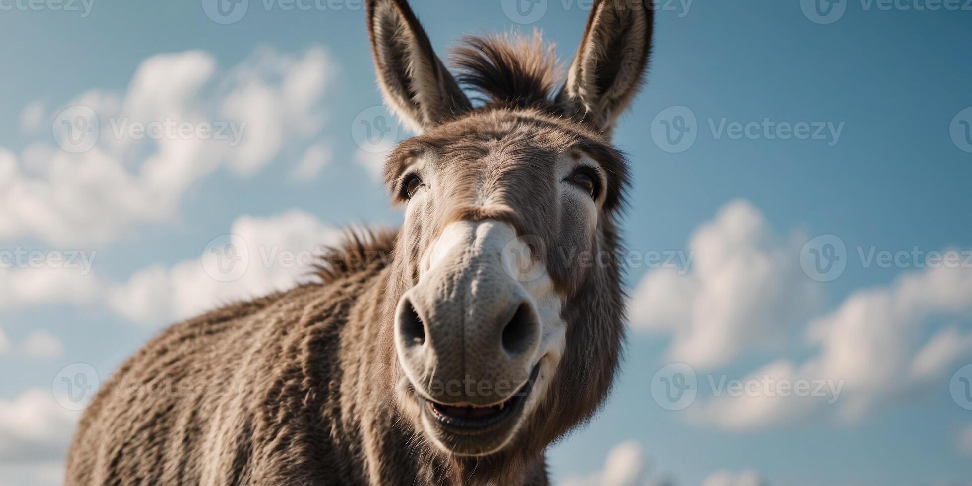 Donkey with a funny face on the background of blue sky. photo