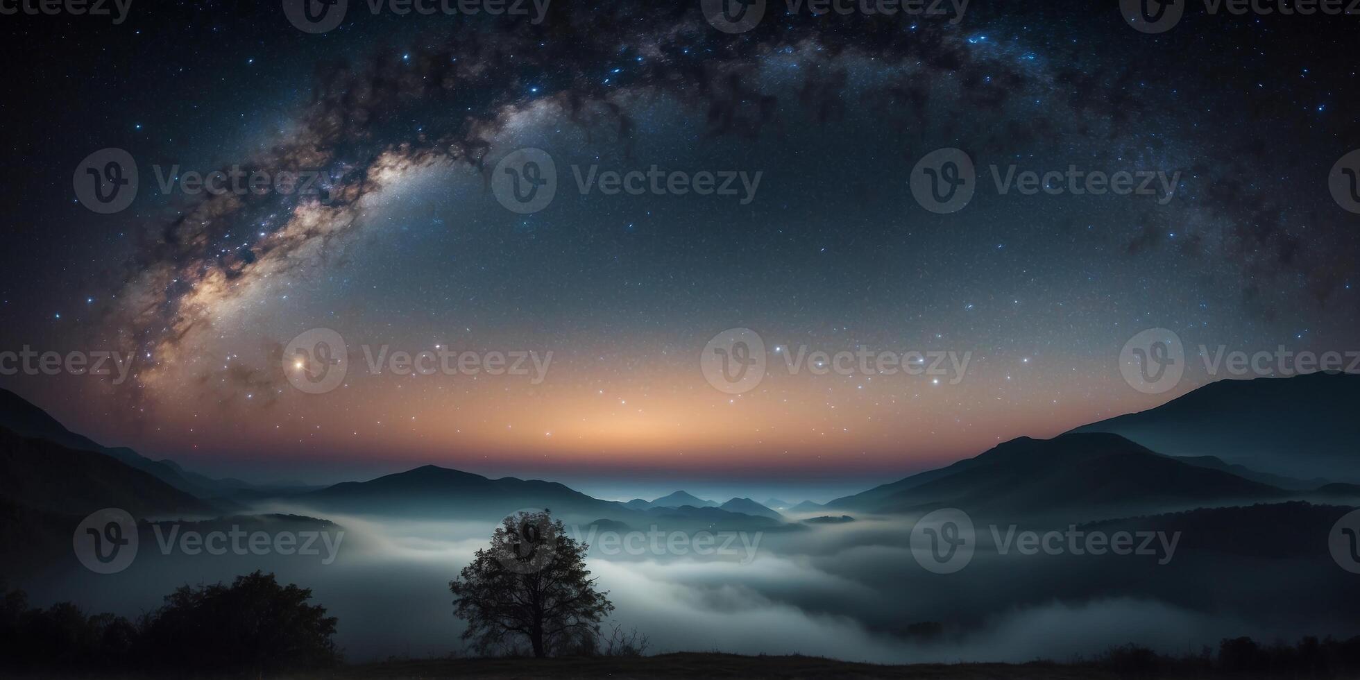 Spectacular Night Sky Filled with Stars and Milky Way Galaxy Above Cloud Horizon in Serene Evening Atmosphere for Tranquil Stargazing and Astronomy Enthusiasts. photo