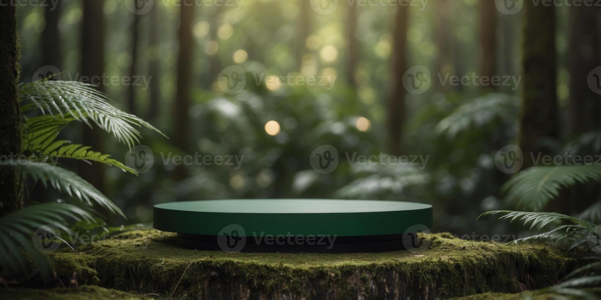 Dark green podium in tropical forest for product presentation. photo