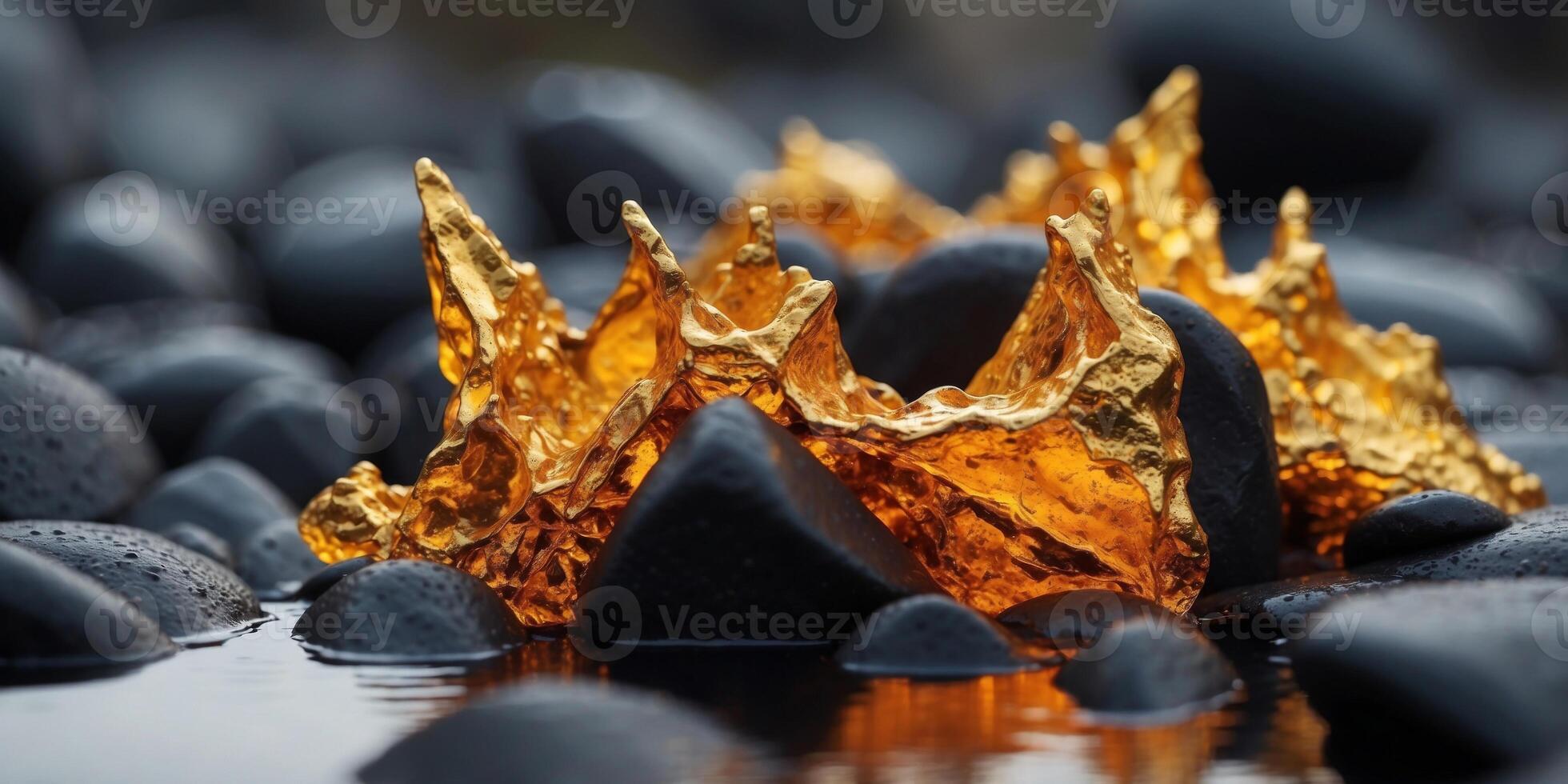 A landscape of jagged, black rocks with rivers of molten gold flowing between them. photo
